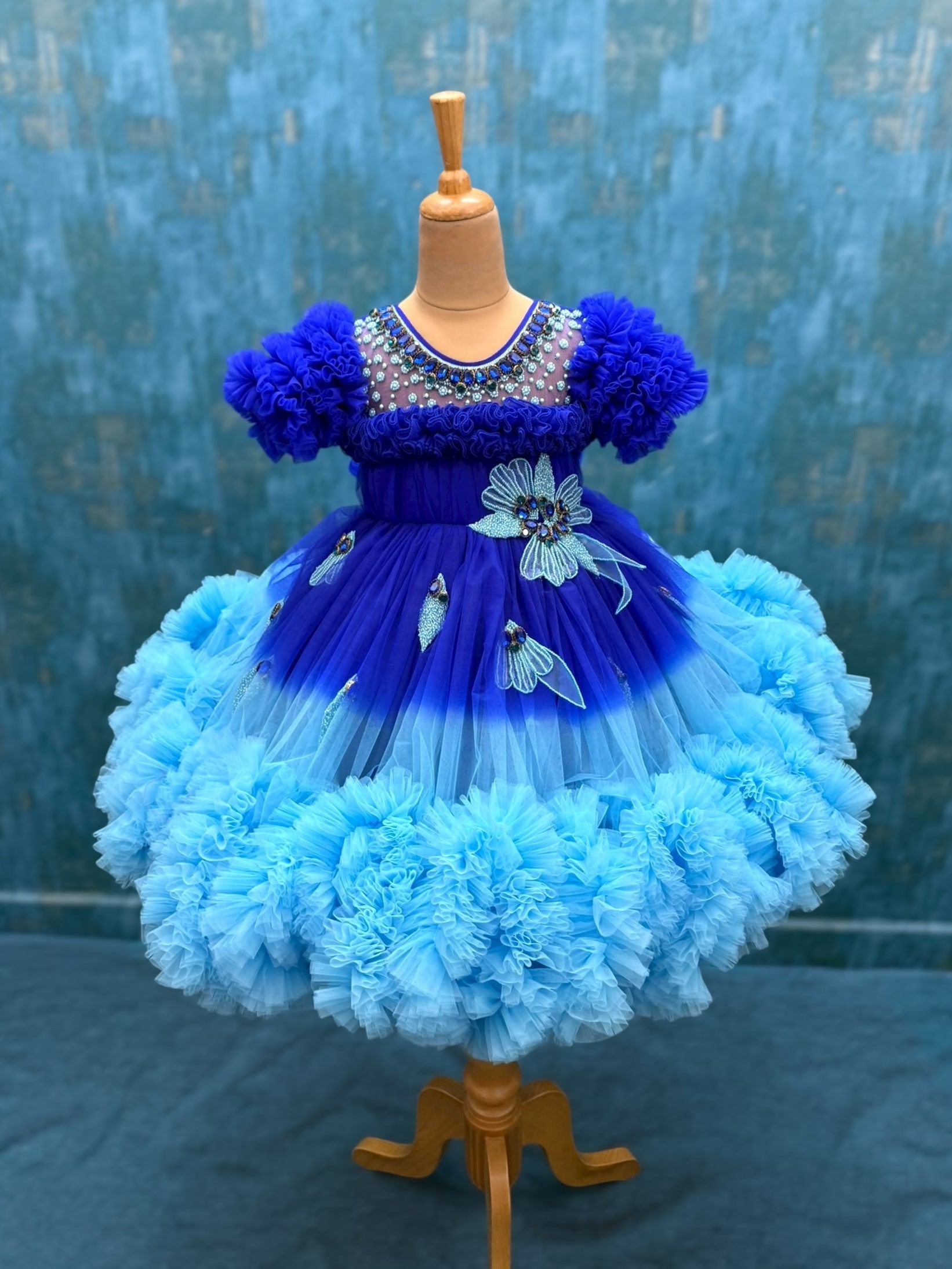 blue ombre shaded couture gown with hand crafted flowers
