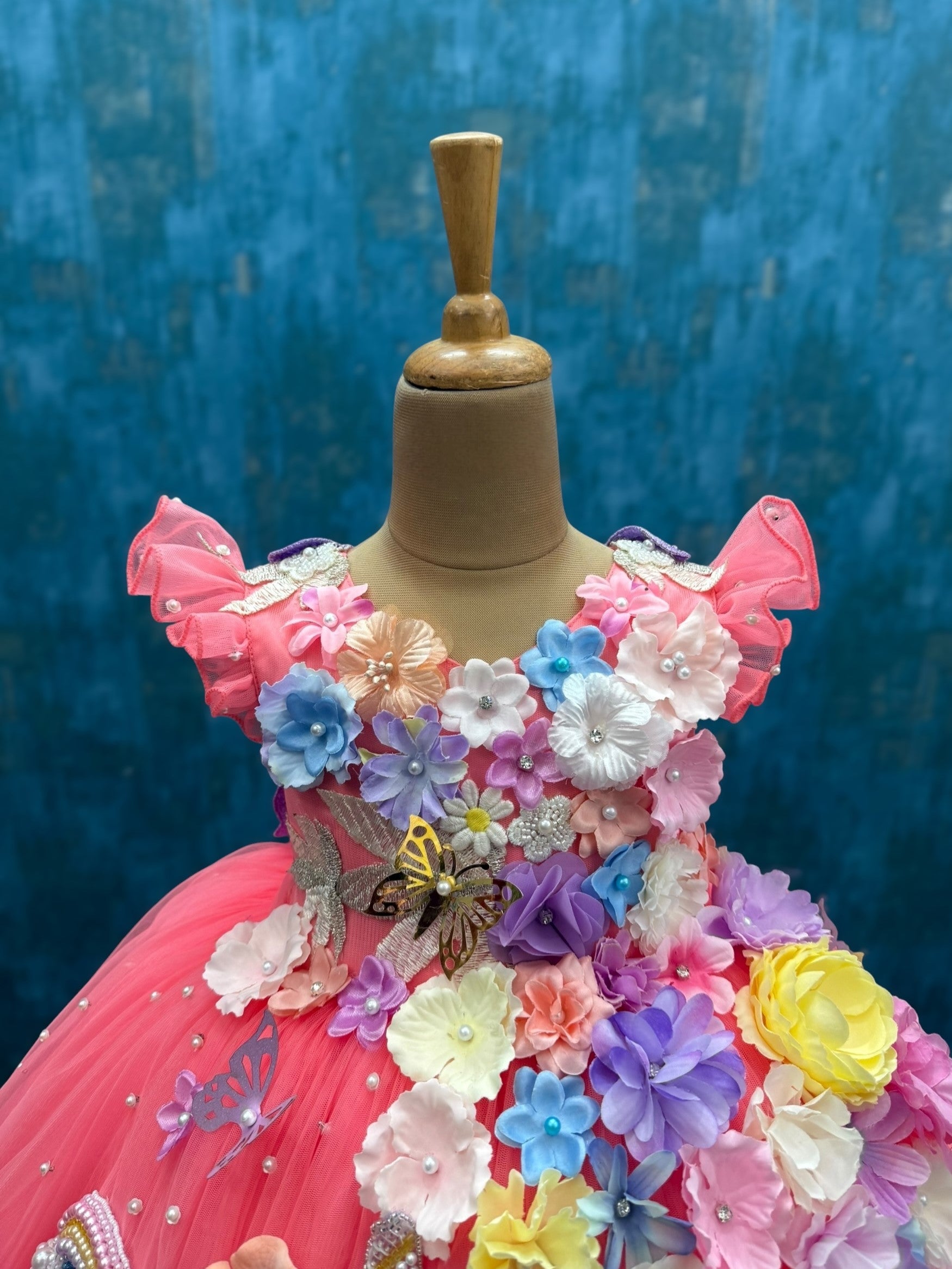 peach magical floral dress with intricate hand work