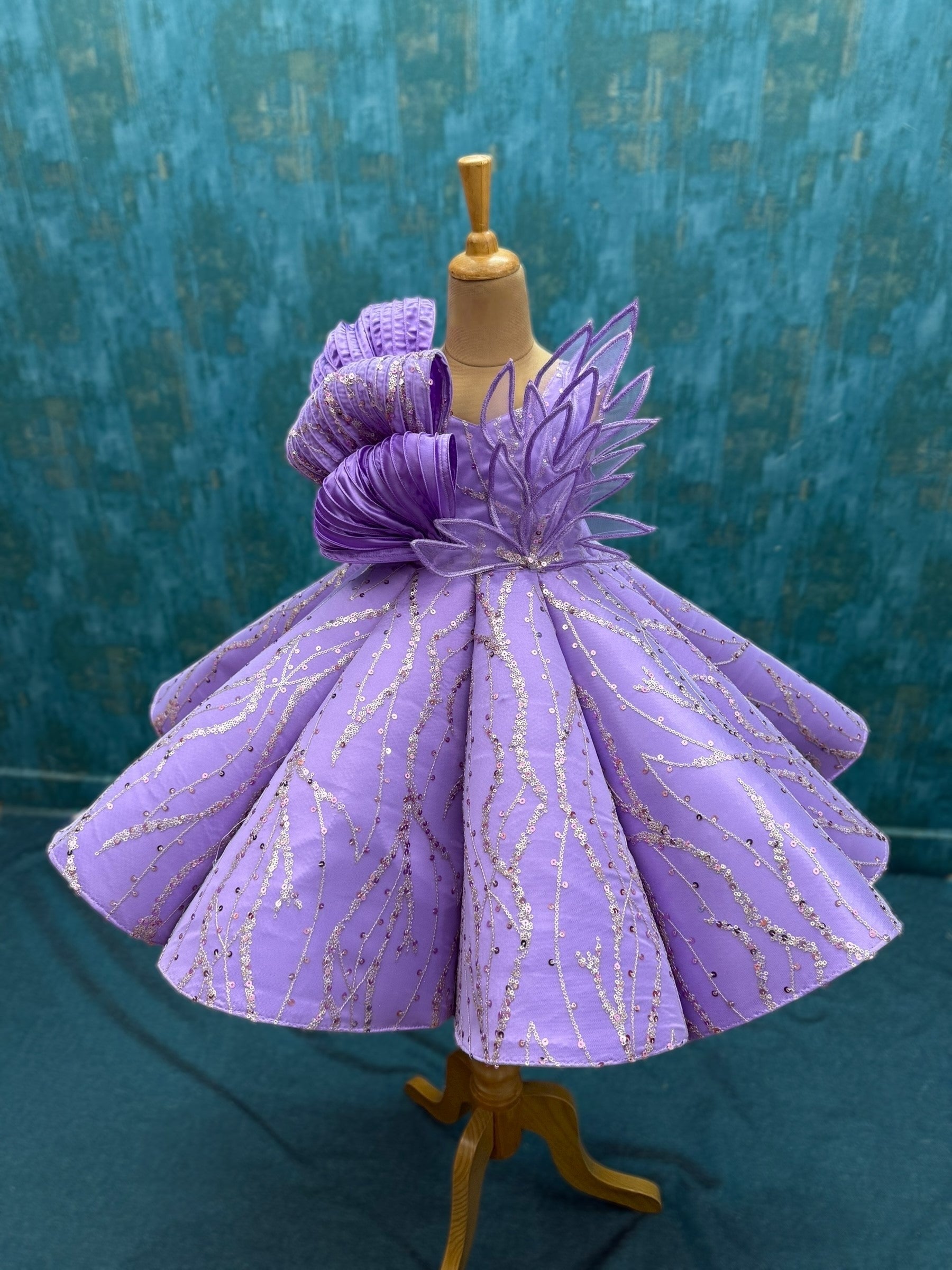 lavender Structured Panel Ball Gown with Embossing Bows and Hand Embroidered Petals