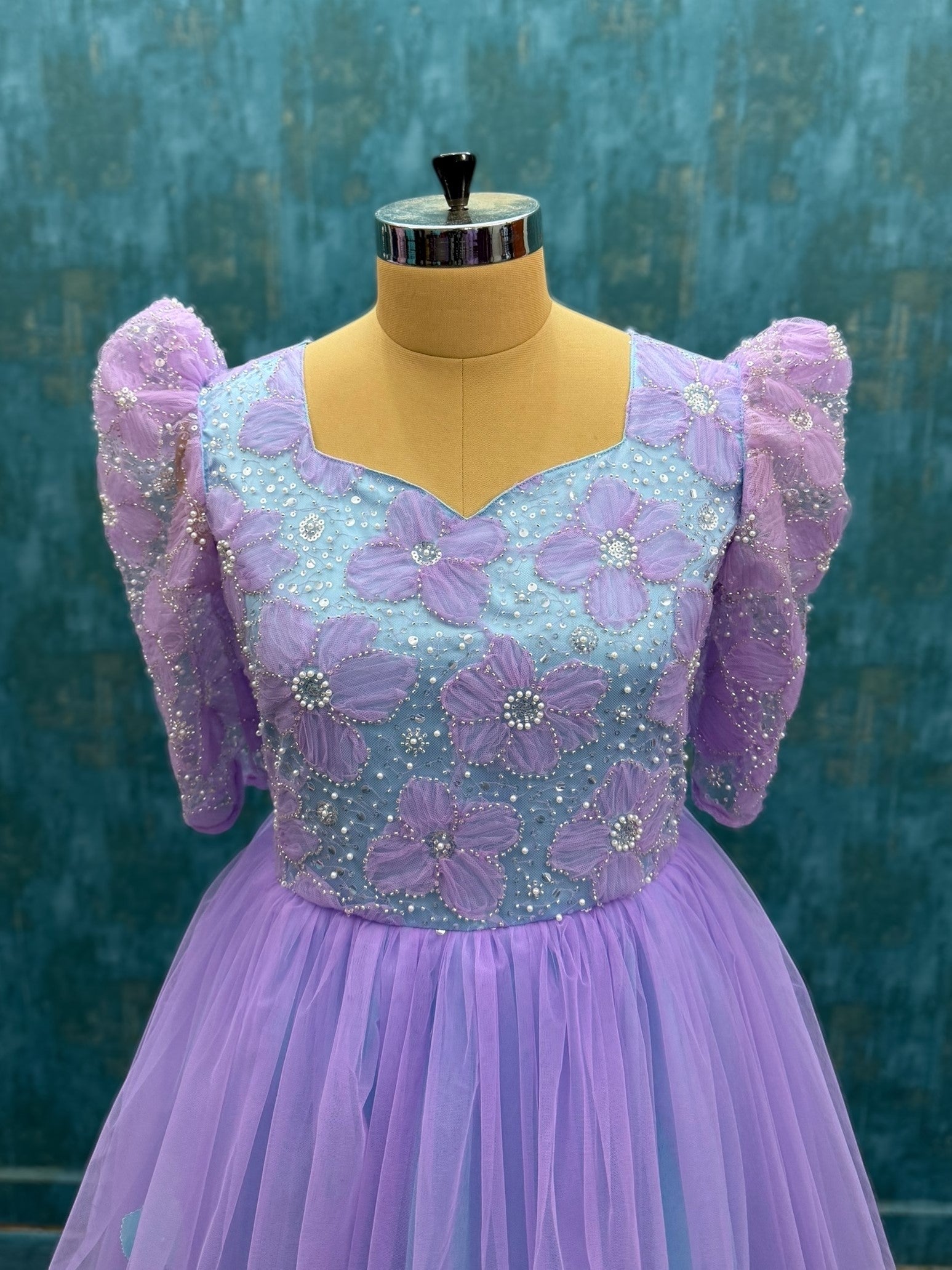 Blue and Lavender Floral Gown with Upper Puff sleeves