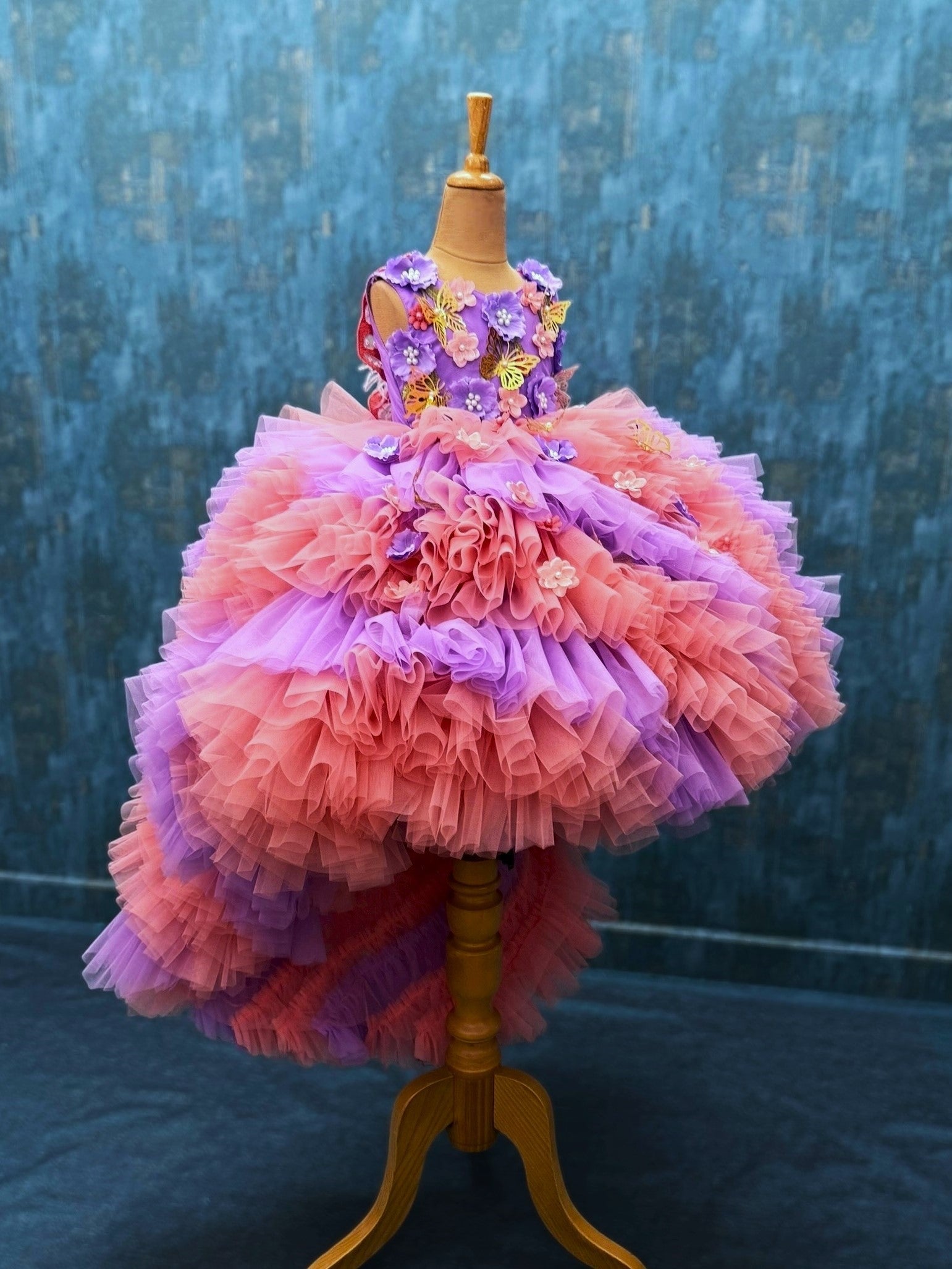 peach and lavender ruffle floral ball gown with attached trail
