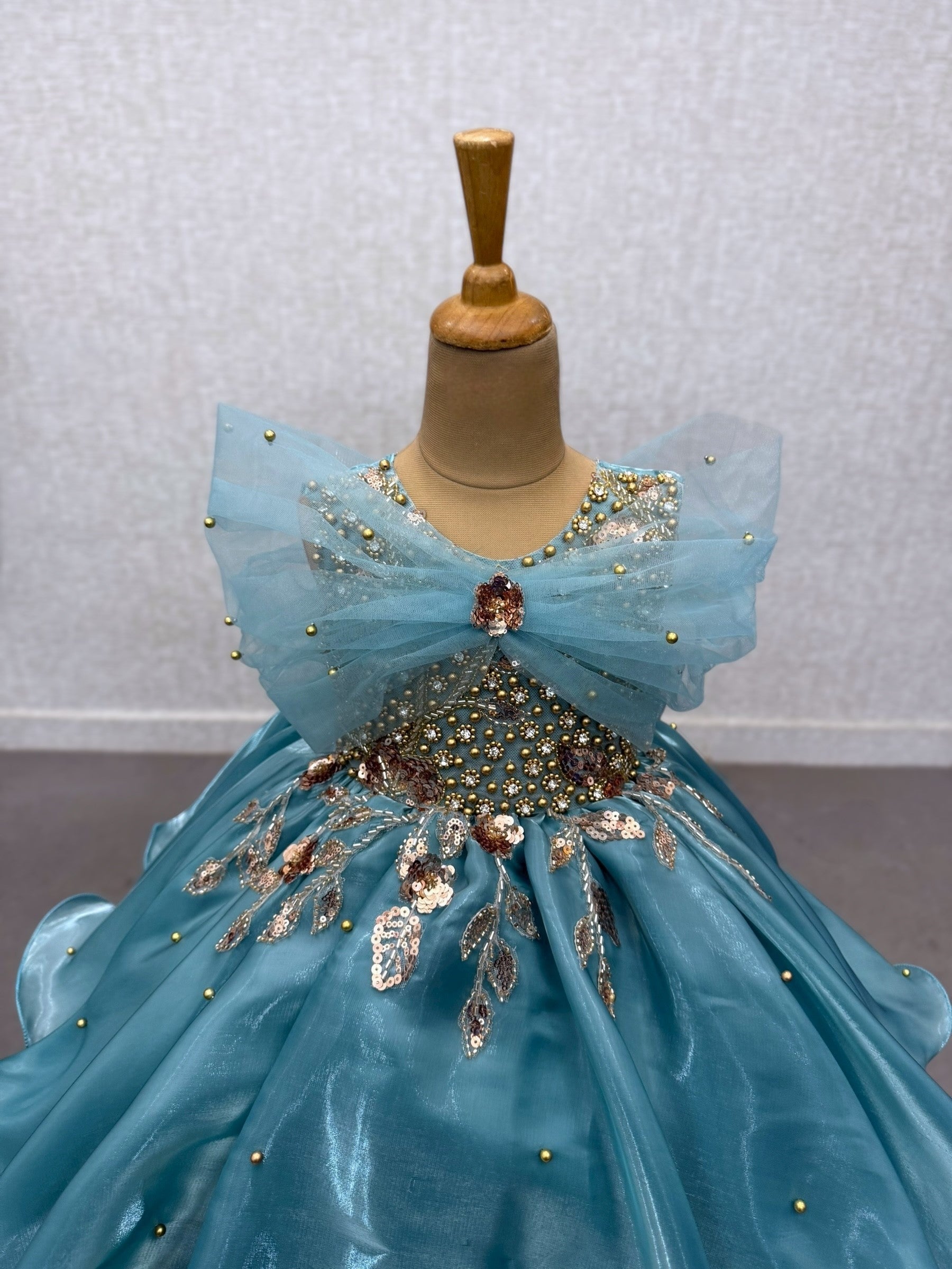ocean blue Organza Layered Gown with Gold work