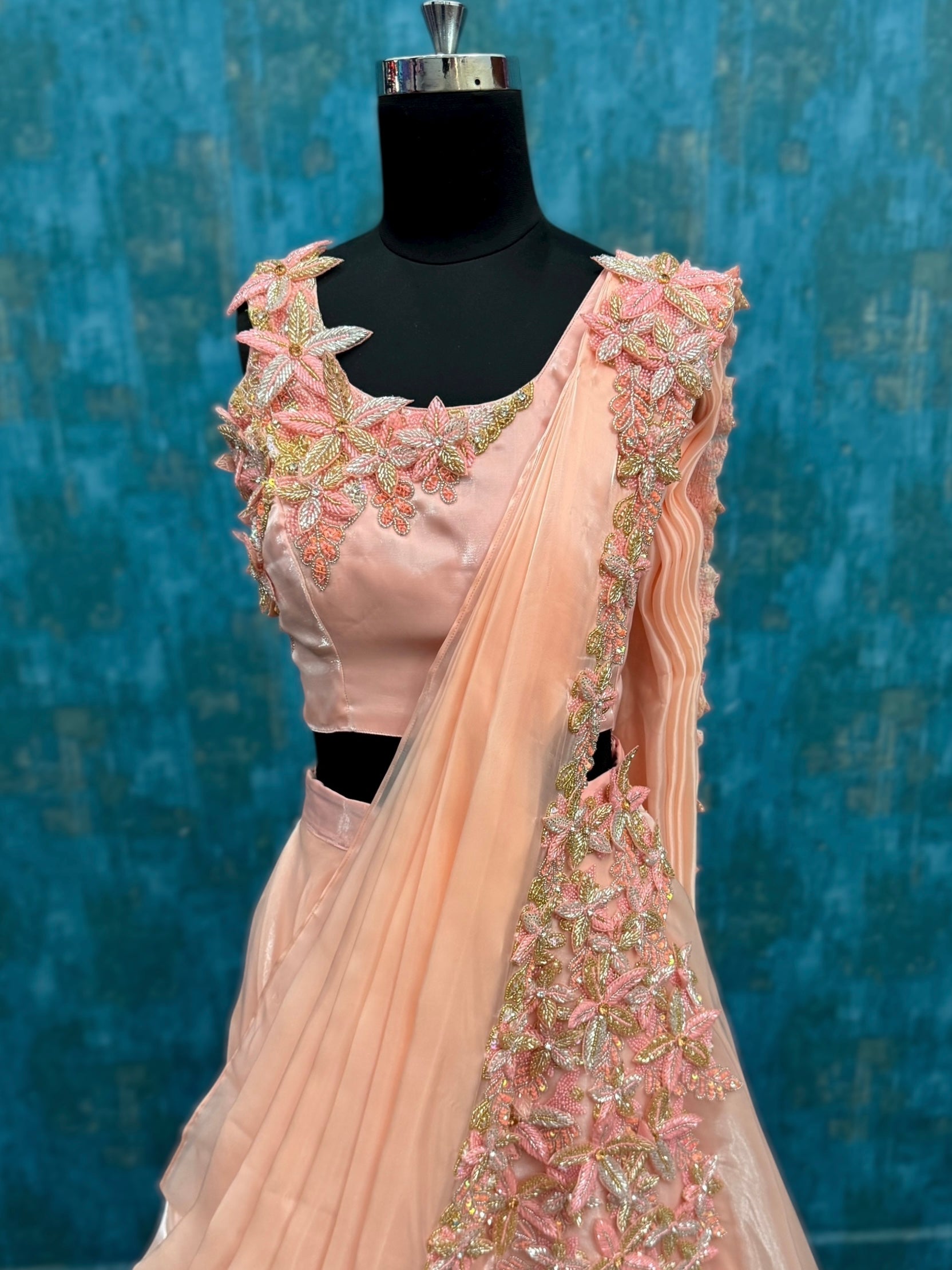 3D Embossed floral Sleeveless Lehenga with dupatta