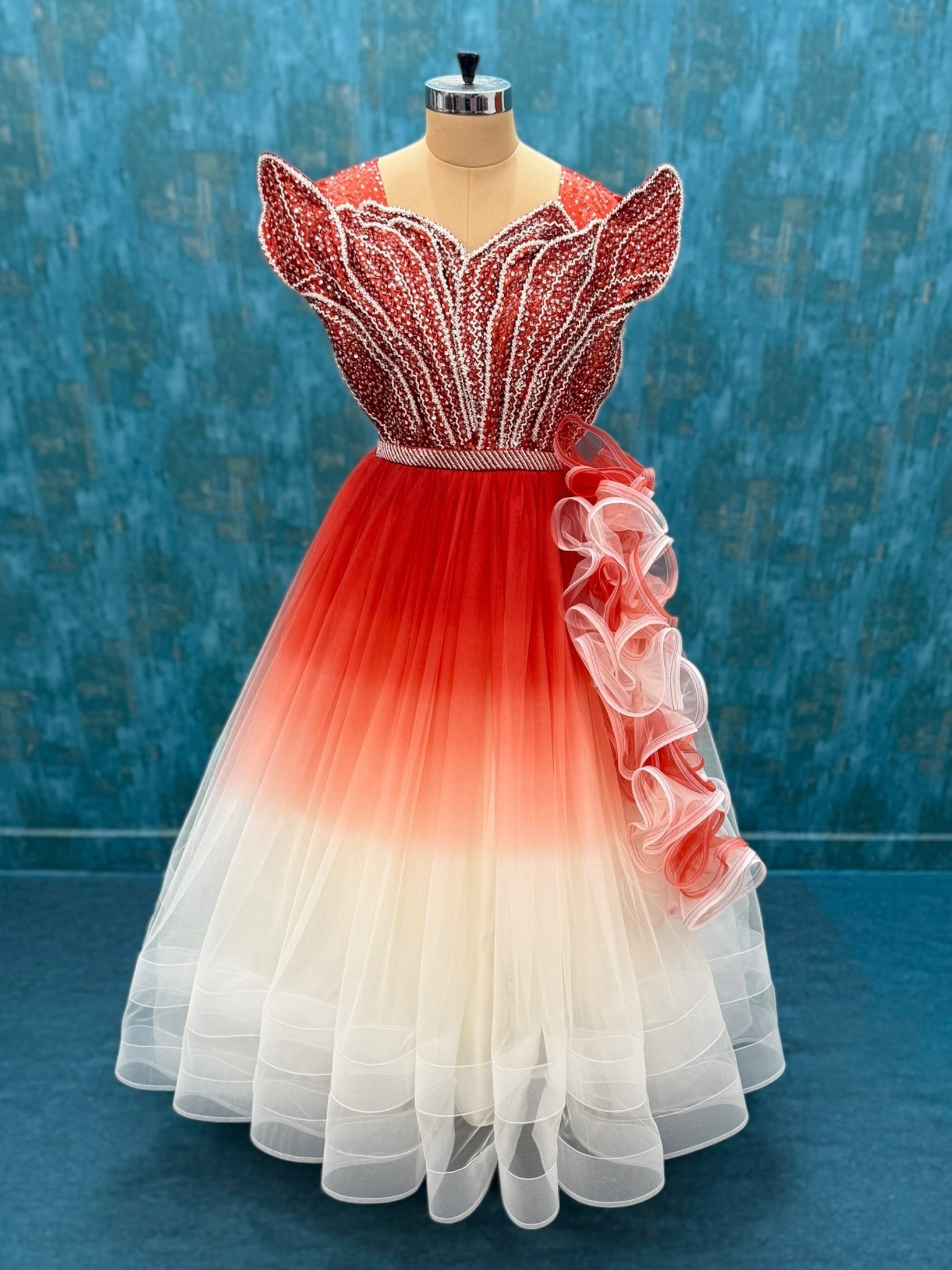 Flame Petal Cascade Gown