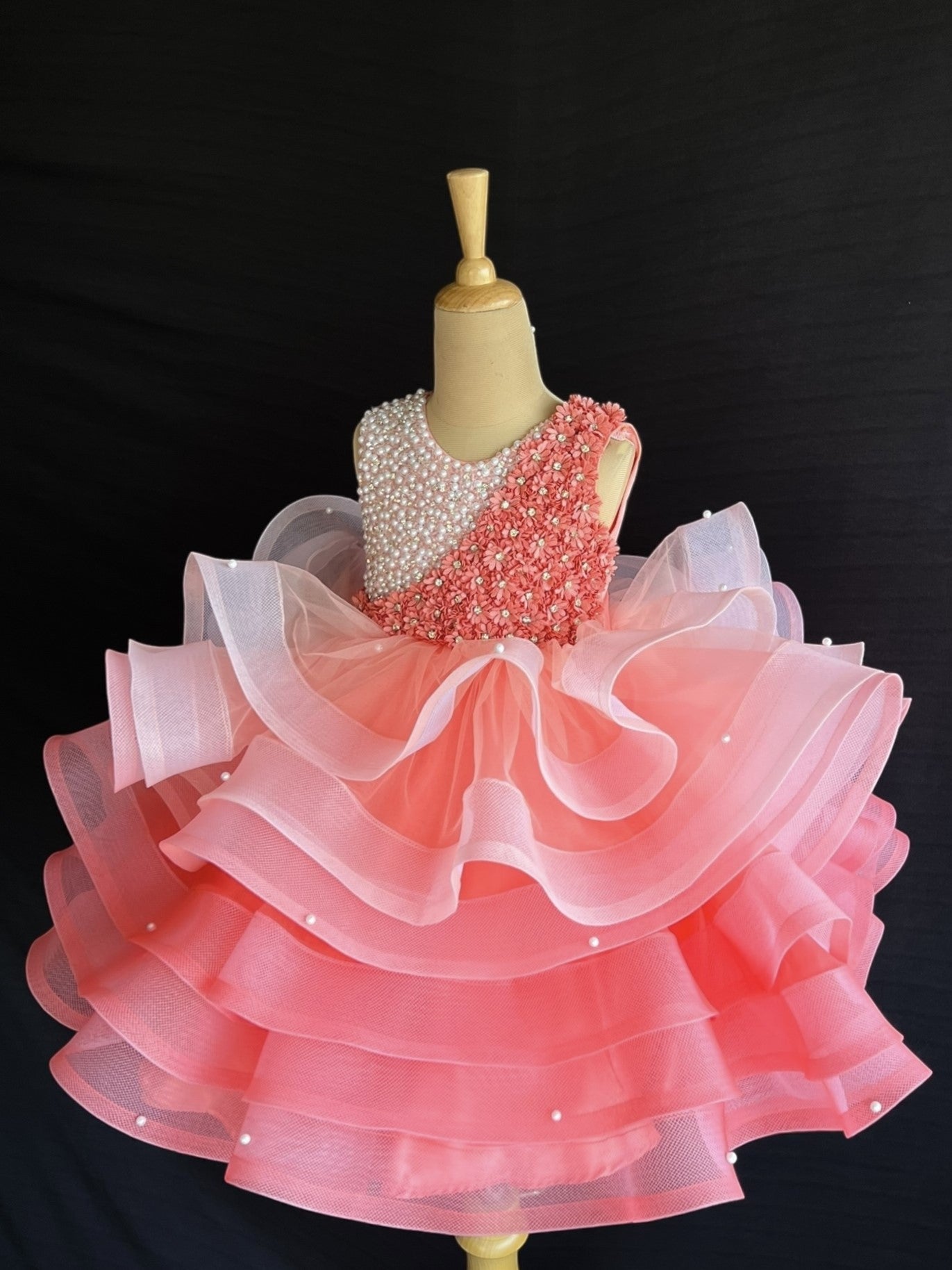 Coral Ombre Layer Ball gown With Intricate Pearl and Crystal Handwork