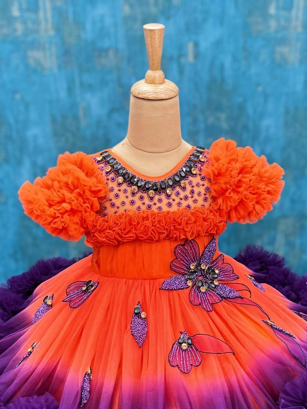 Orange- Purple shaded couture gown with hand crafted flowers