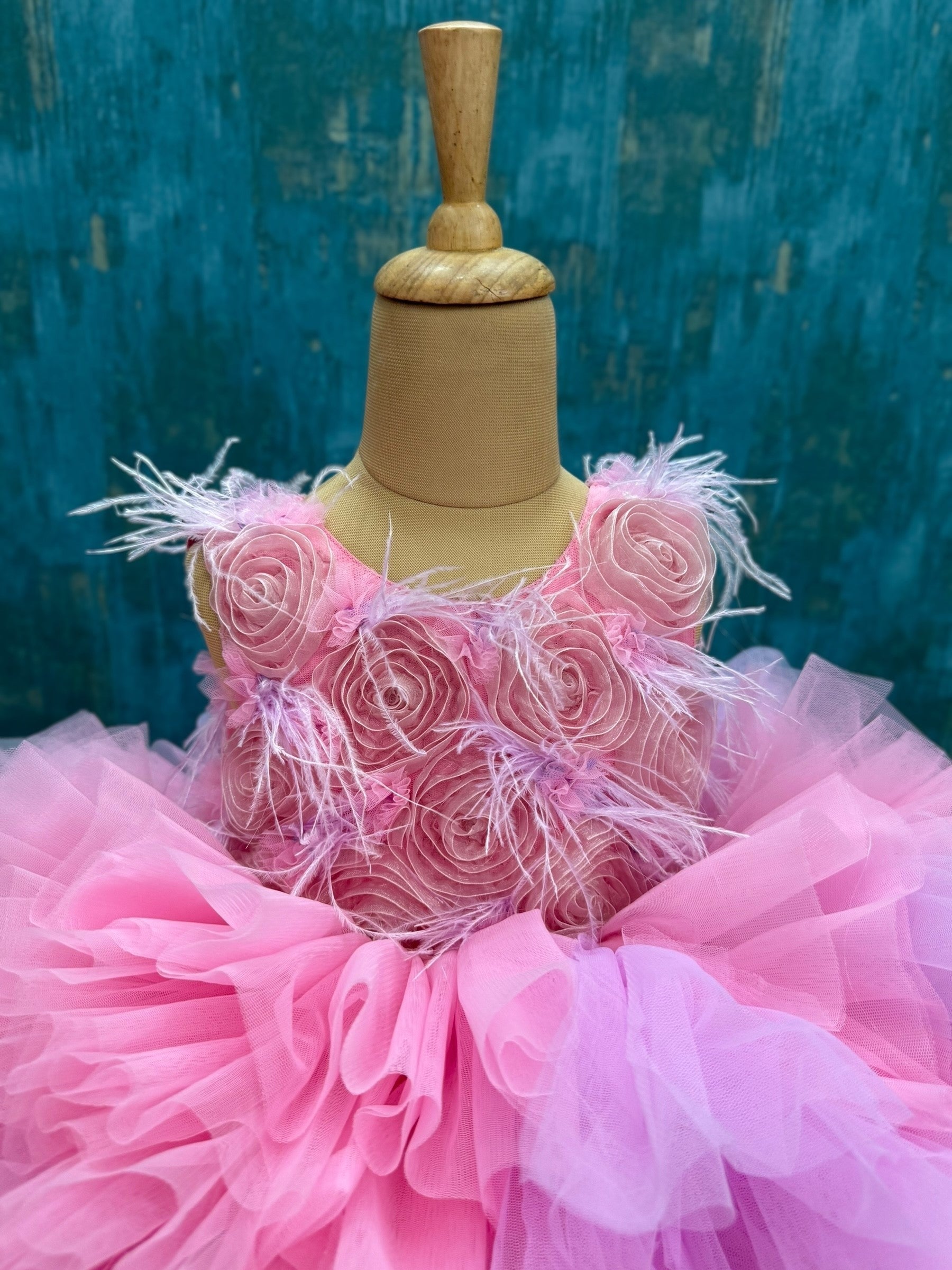 Blush Rose Pink ruffle floral ball gown with attached trail