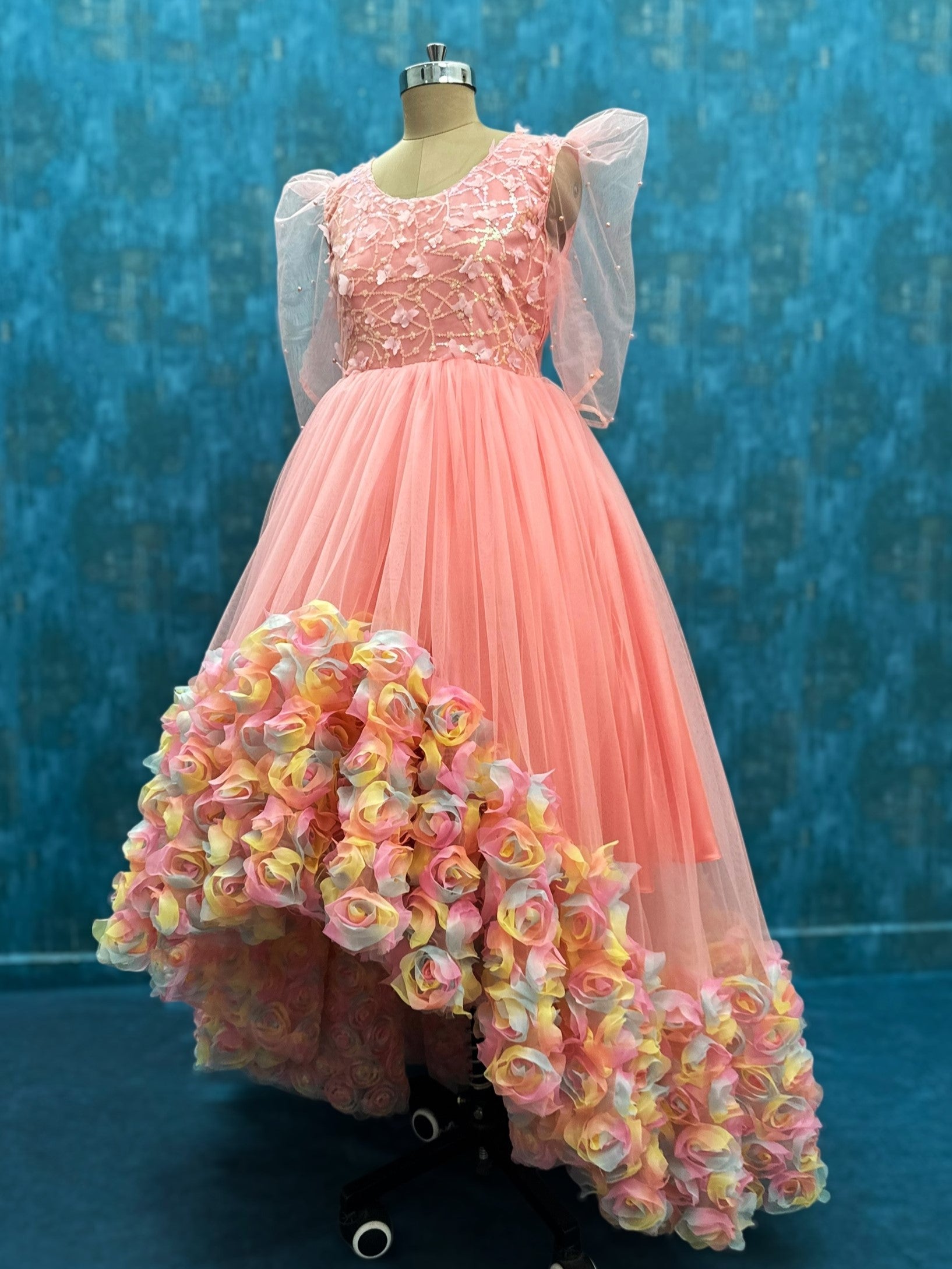 Peach Blossom Waterfall High-Low Floral Couture Dress