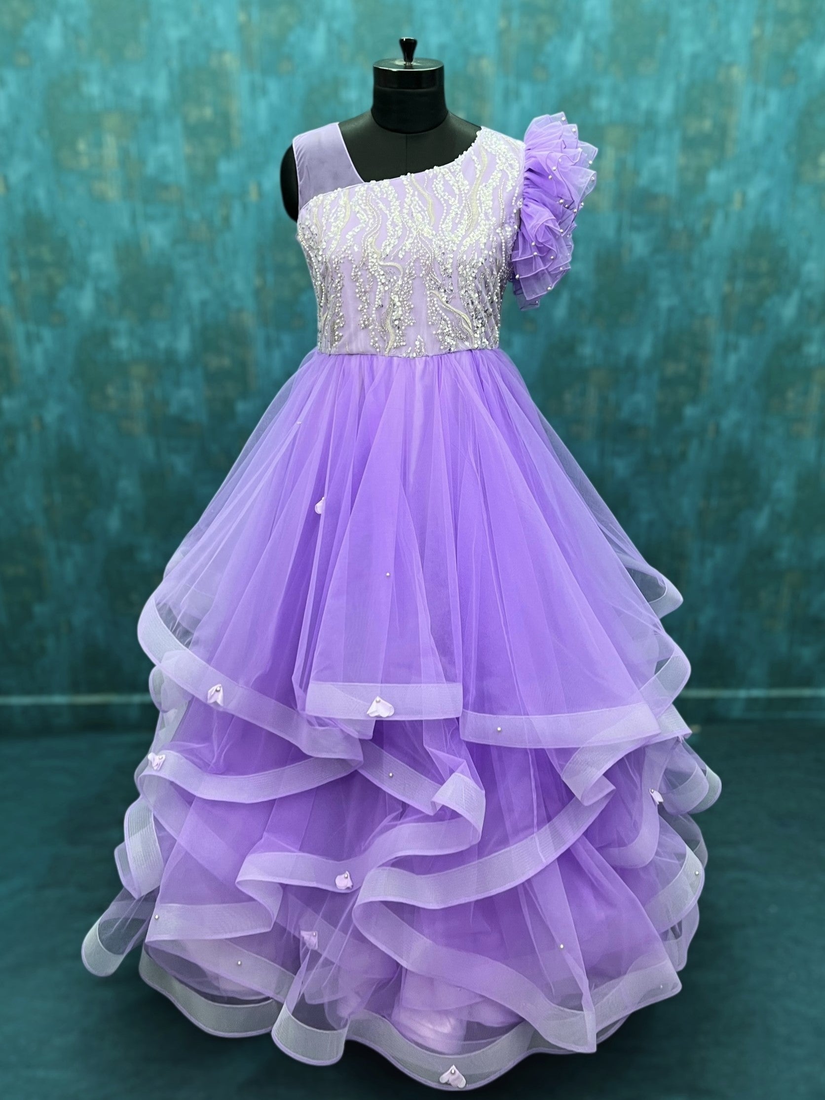 Lavender Seraphina Dream One-Shoulder Beaded Bodice Layered Couture Gown