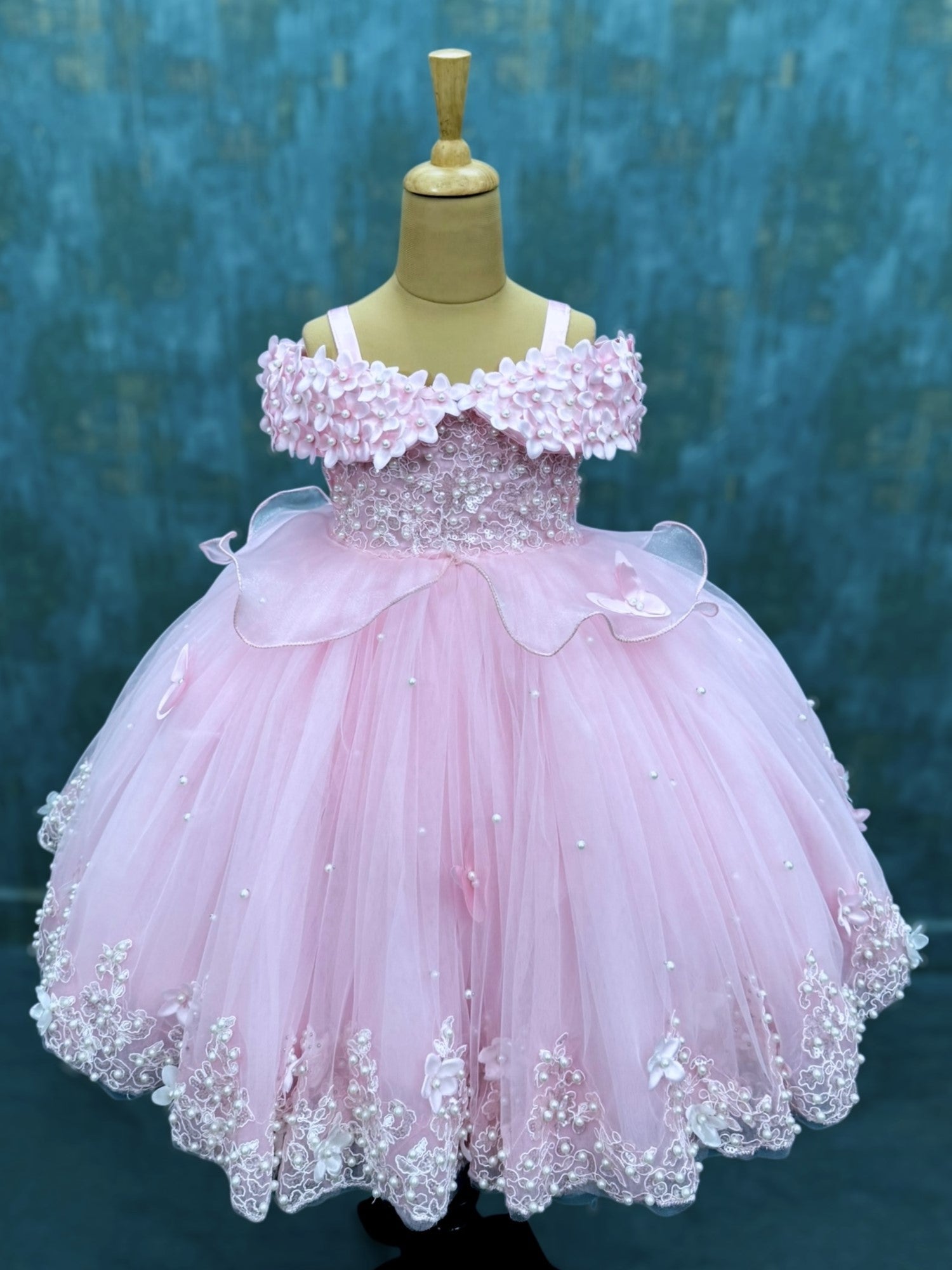 Dreamy Pink Lace And Pearl Ball Gown