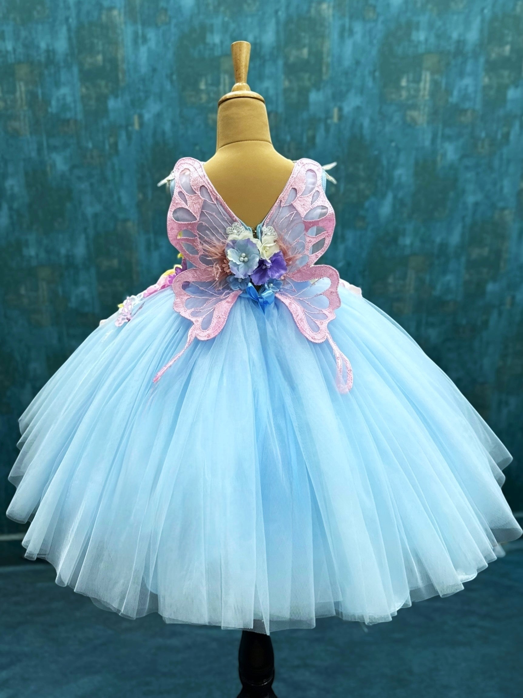 Blue 3D Ball Gown With Back Butterfly