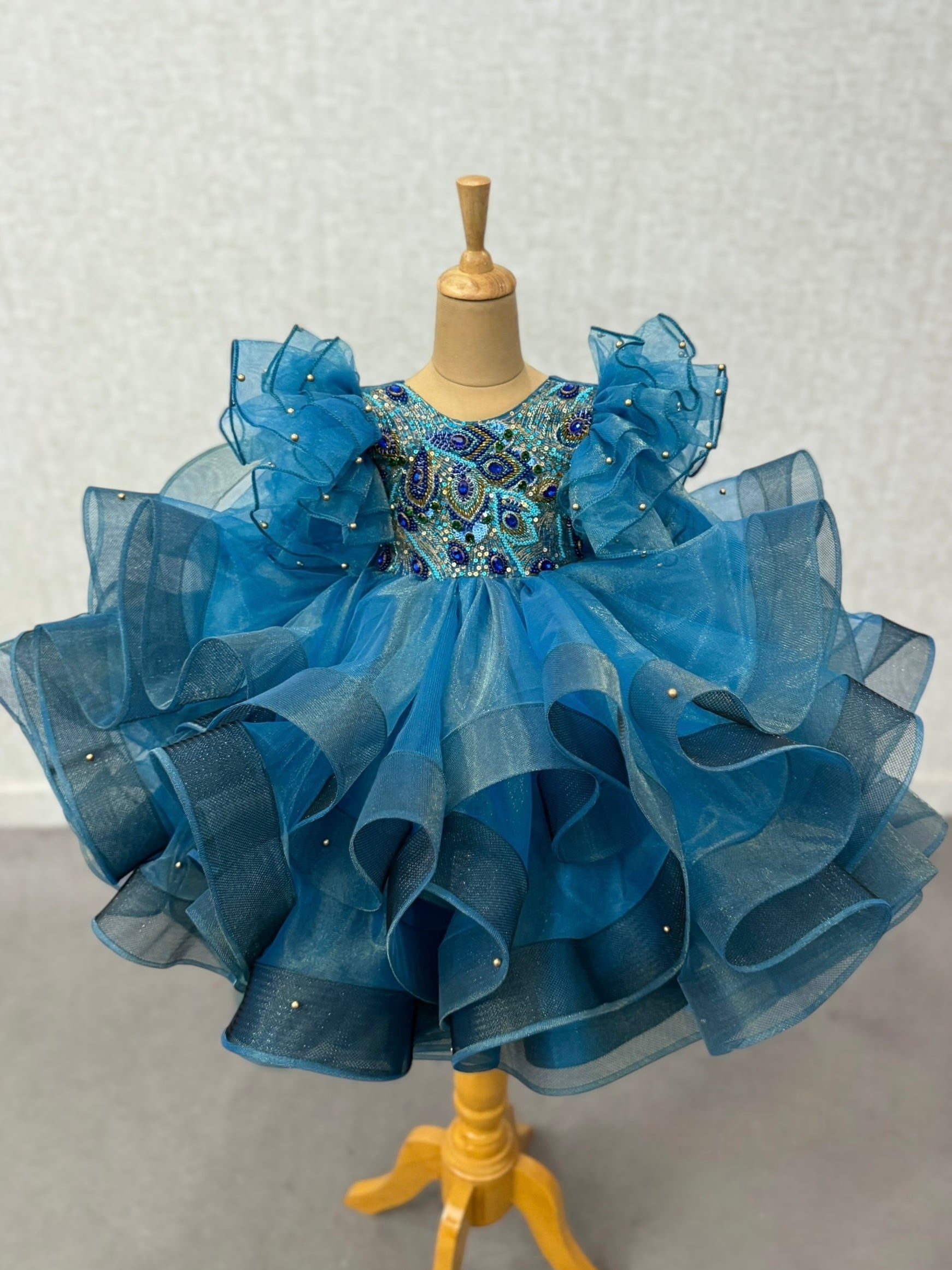 Teal Sapphire Ruffle Dream Couture Gown With Hand Embroidered Bodice