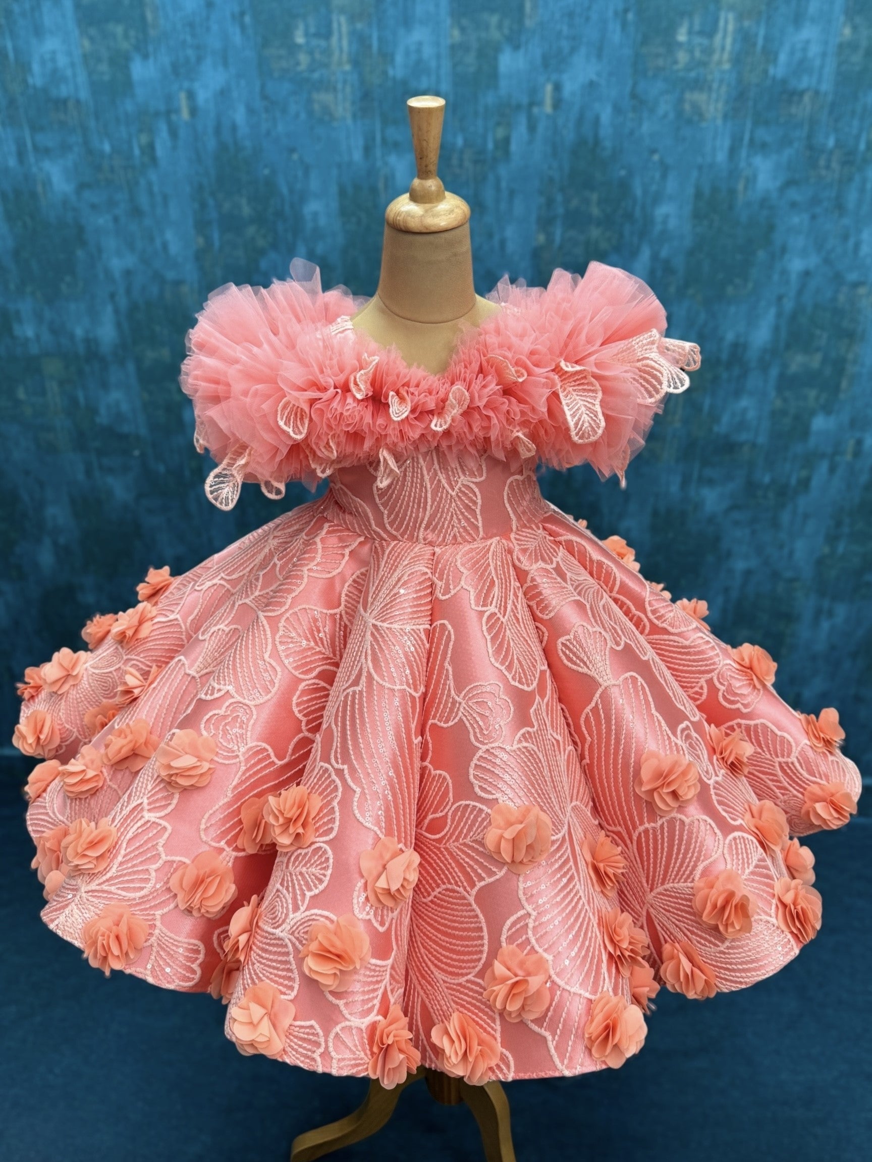 Pink Structure Panel Ball Gown With 3D Flowers