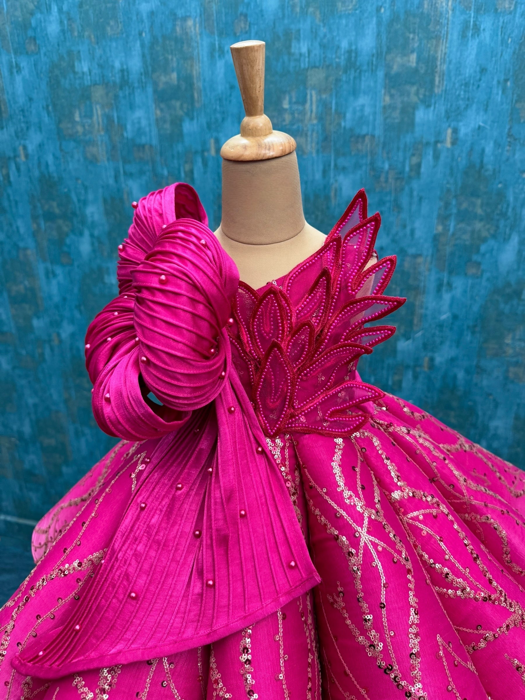 Pink Ombre Structured Panel Ball Gown with Embossing Bows and Hand Embroidered Petals