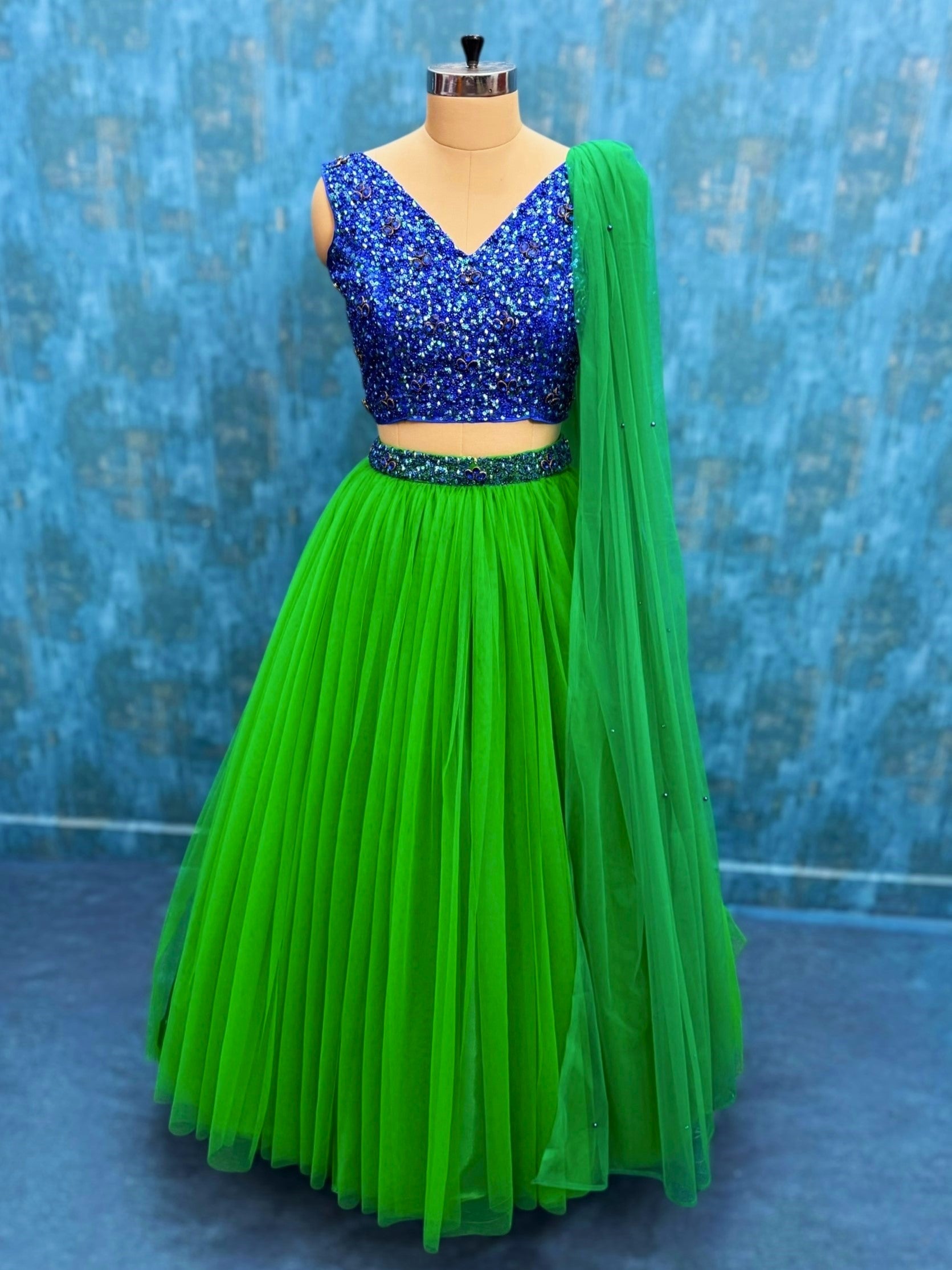Peacock Crest Blue Crystal Majesty Emerald Flow Lehenga Ensemble With Dupatta