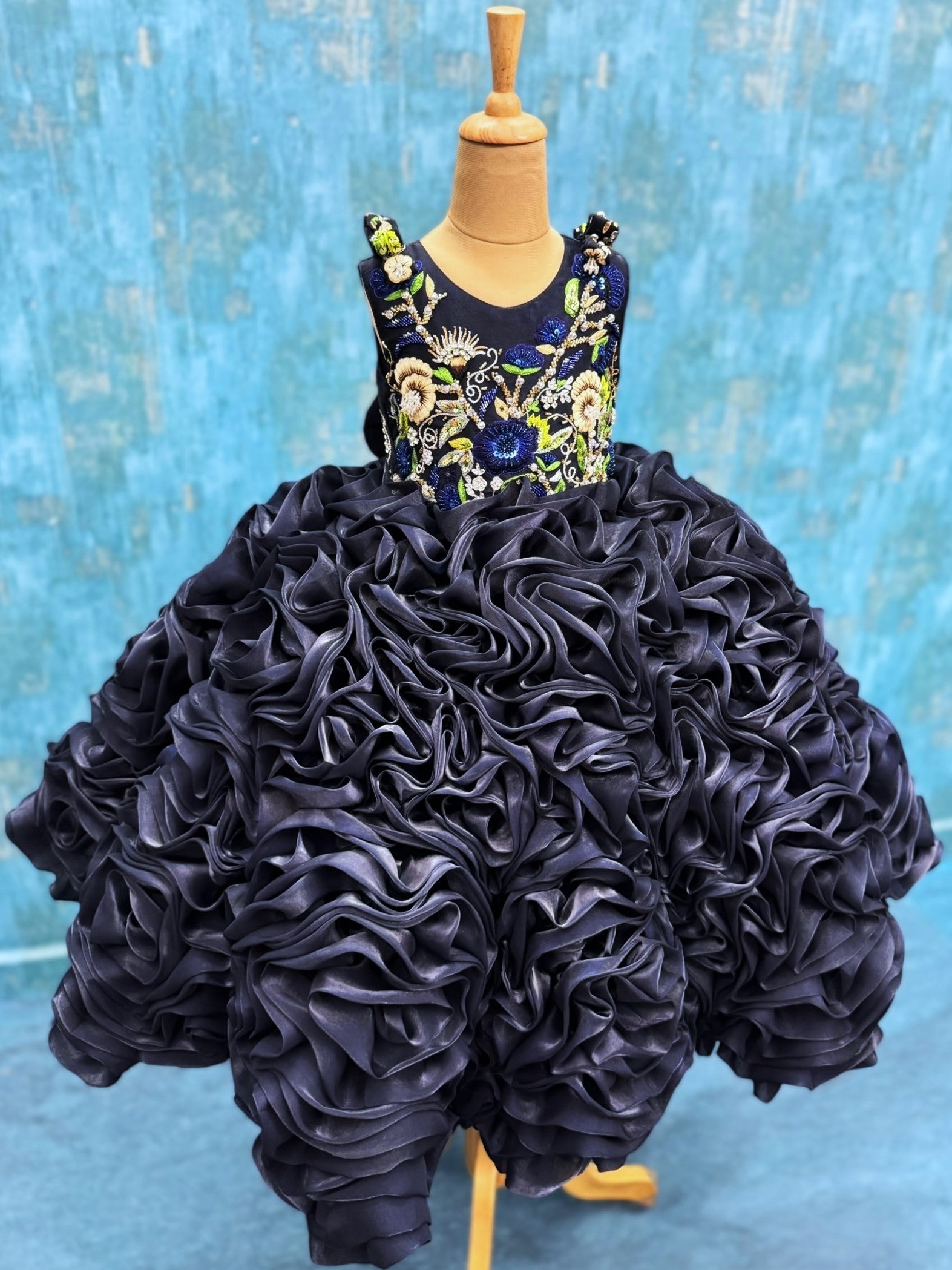 Midnight Bloom Royale Hand-Embroidered Rosette Princess Ball Gown