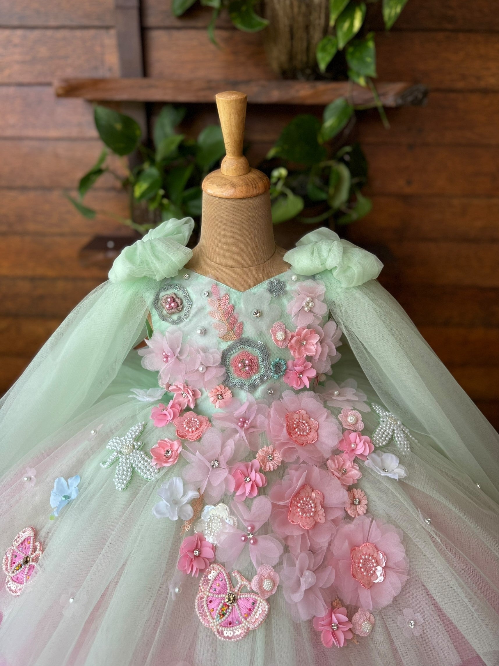 Pastel Green Petal fall Butterfly Fantasy Floral Couture Celebration Dress