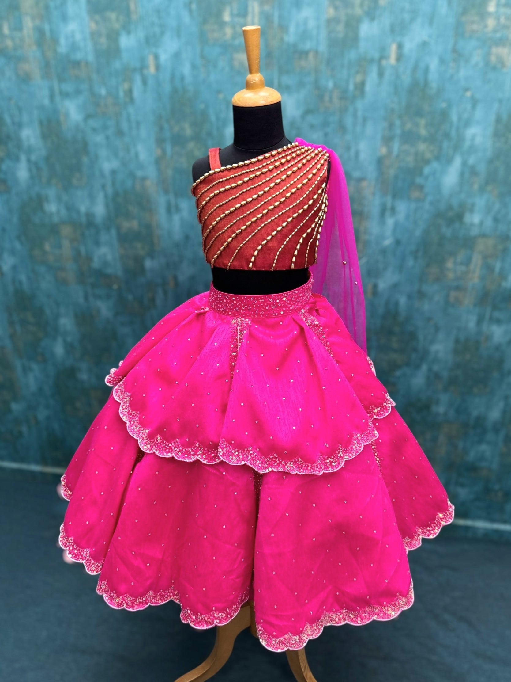 Rani Pink Royal Drape Princess Lehenga With Attached Dupatta