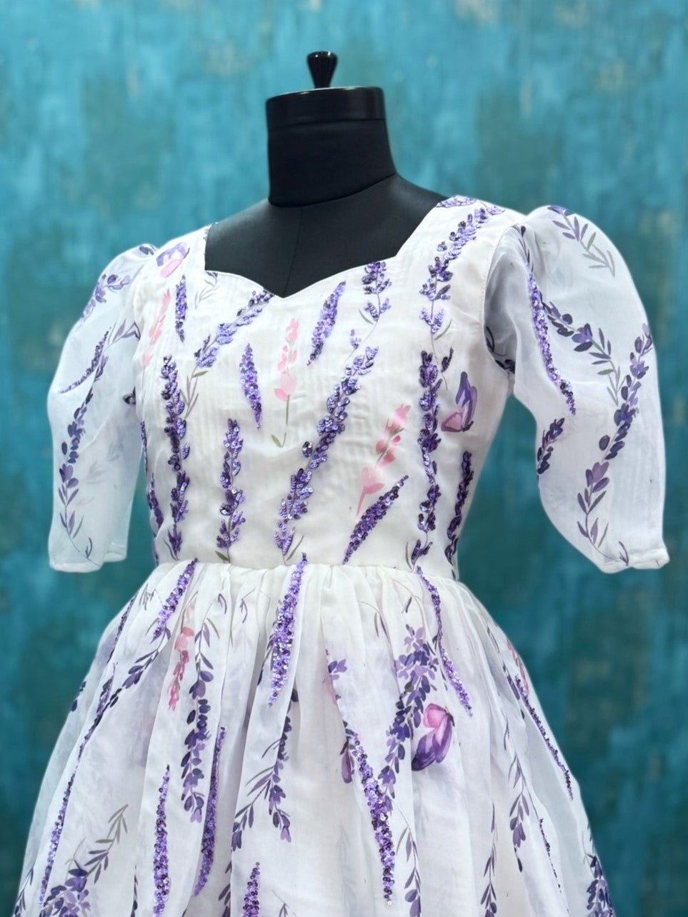 Lavender Meadow Symphony Soft Organza Puff-Sleeve Fairy-tale Queen Dress