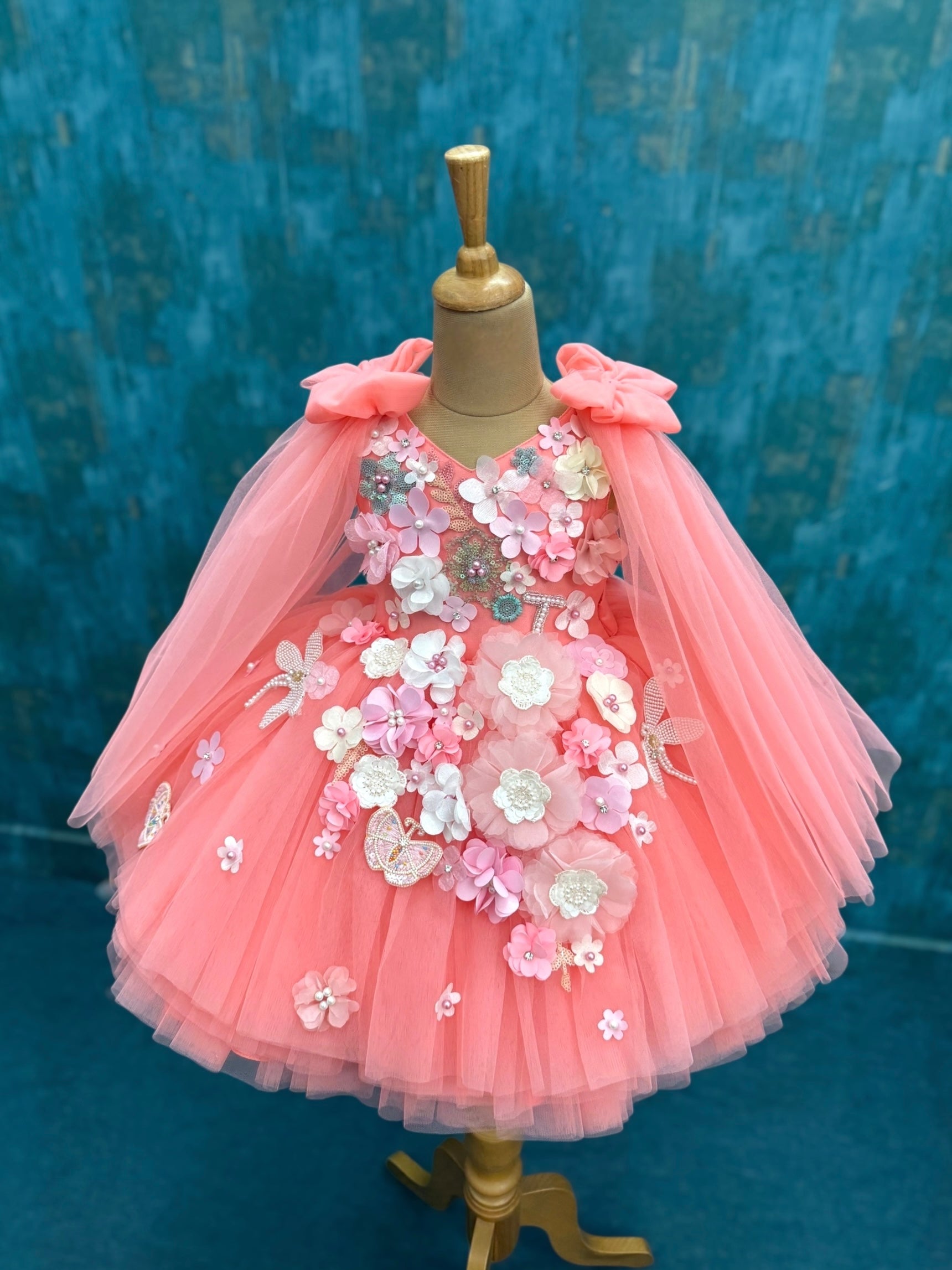 Soft Coral Petal fall Butterfly Fantasy Floral Couture Celebration Dress