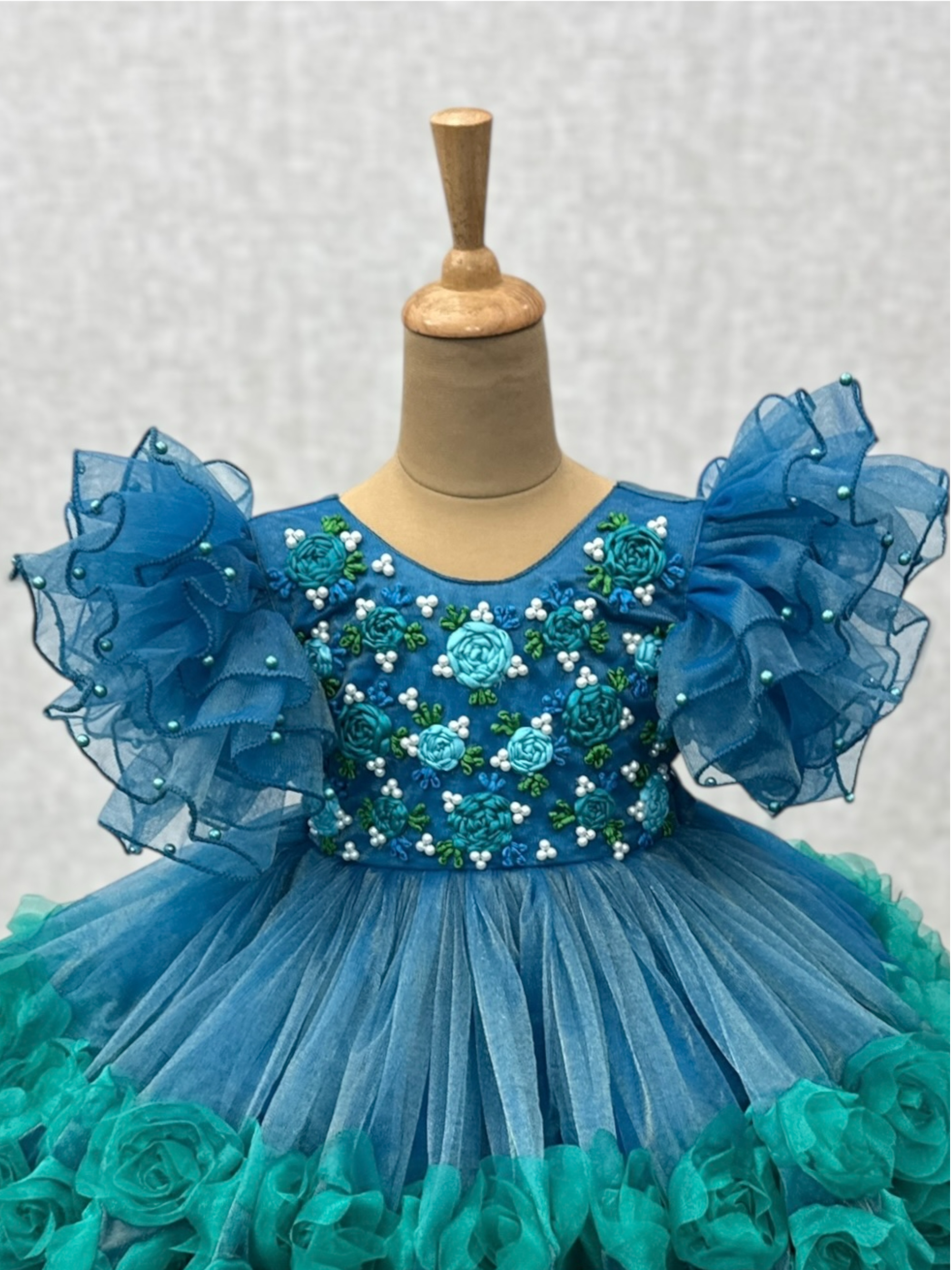 Ocean Bloom Emerald Rosette Fantasy Princess Dress With Rose Top
