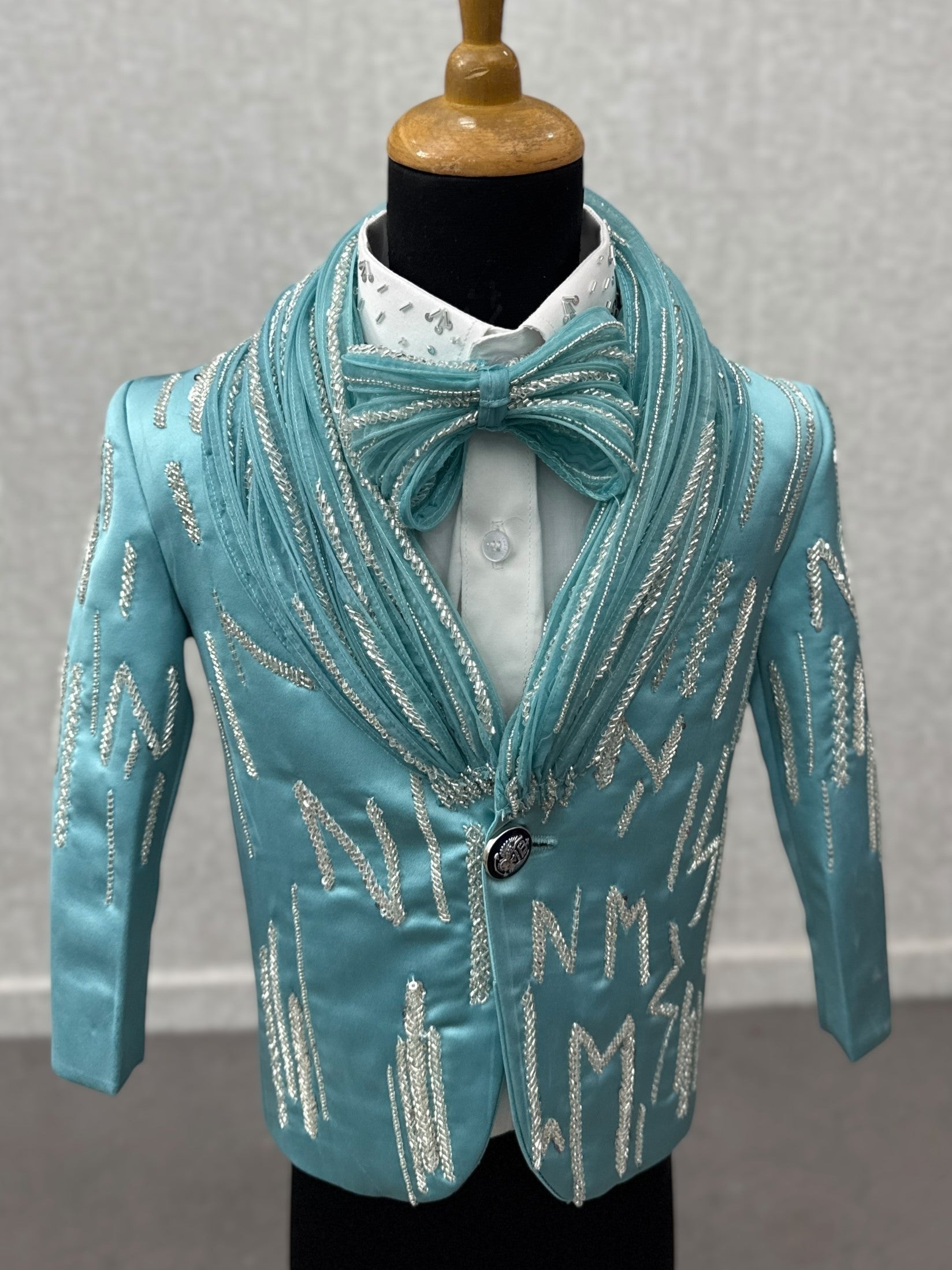 Turquoise Aqua Satin Silver Embroidered Regal Evening Blazer Set