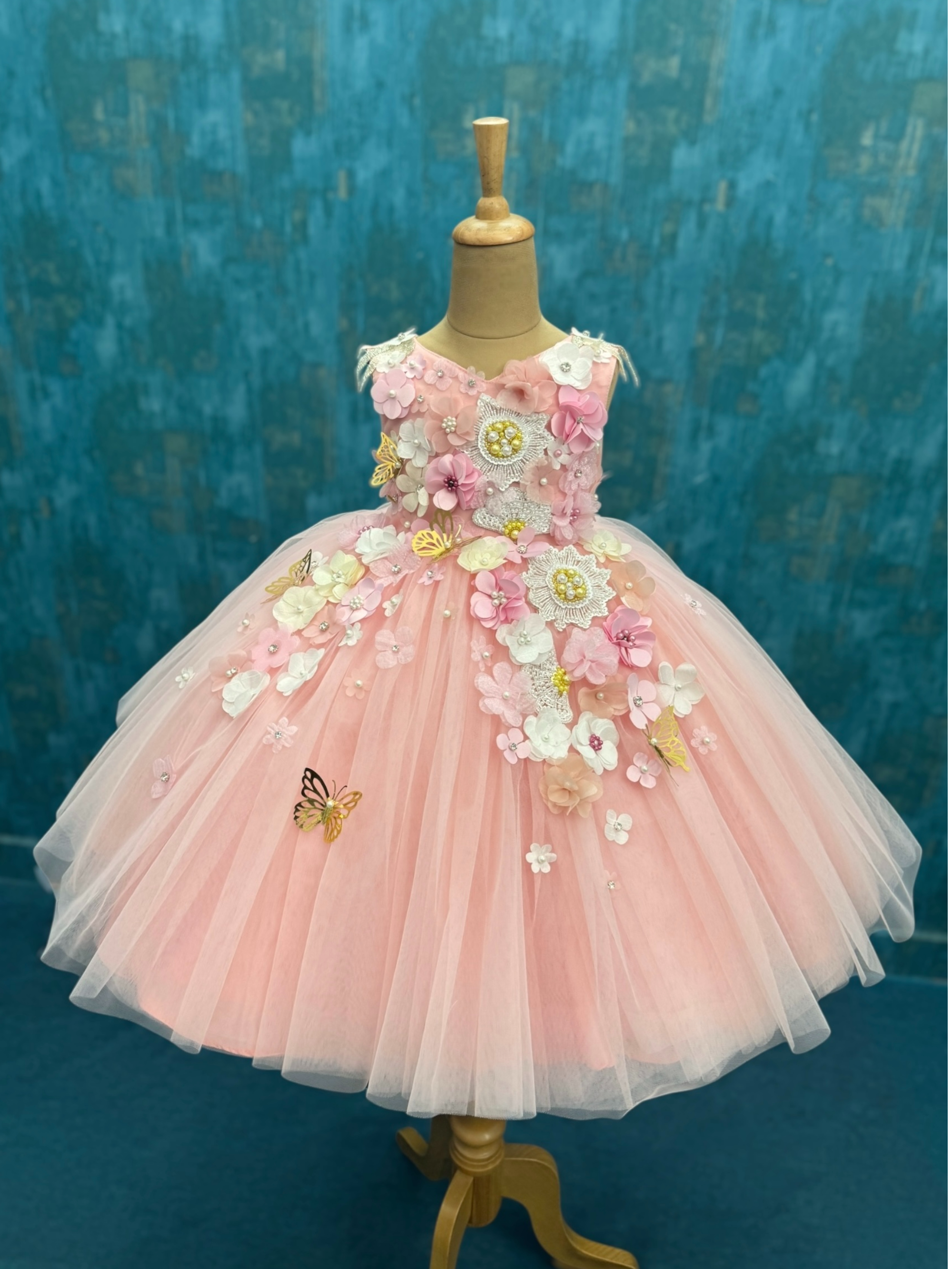 Soft Rose Pink floral and butterfly sleeveless ball gown with intricate work