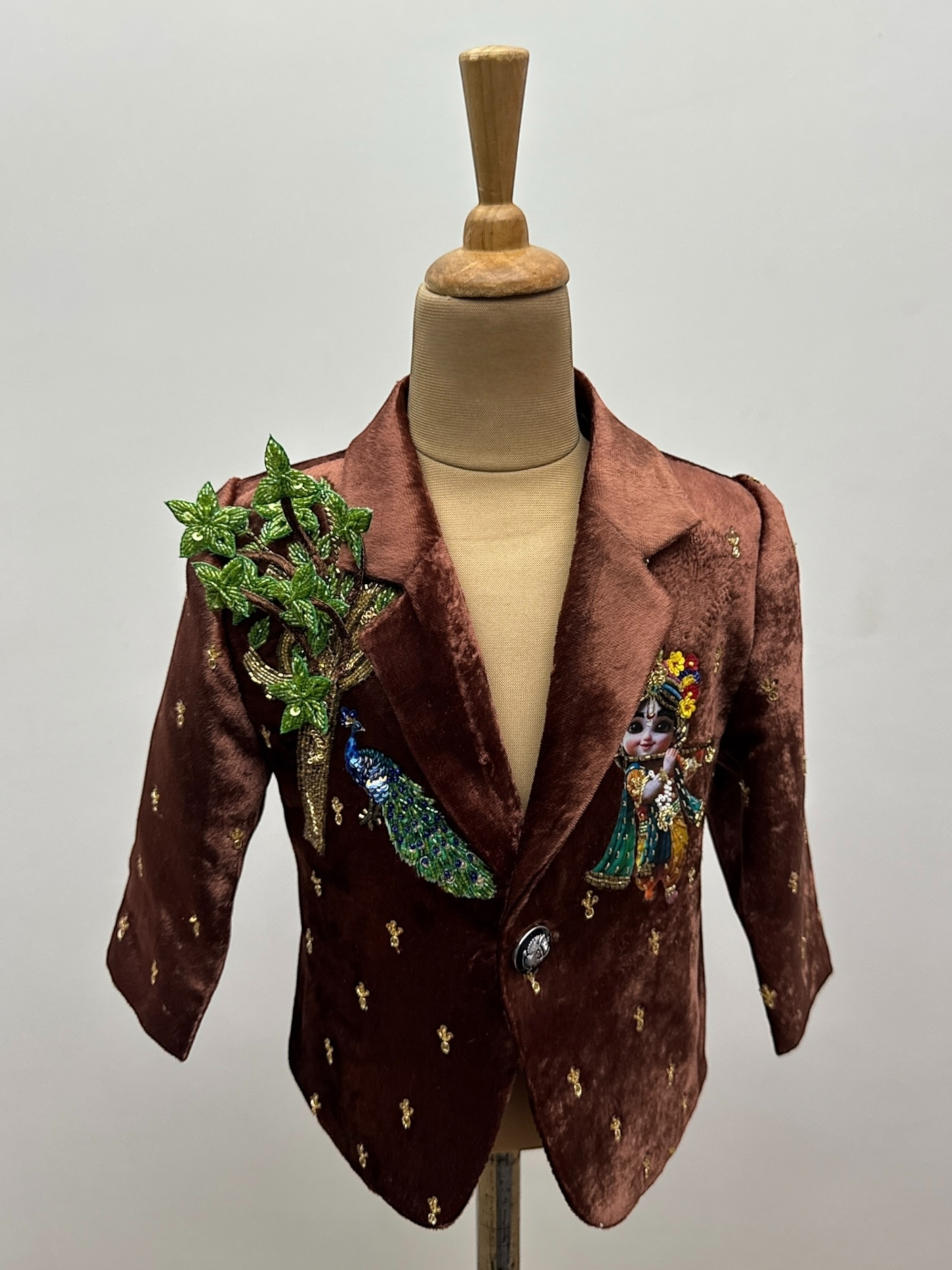 Chocolate Brown Velvet Krishna Peacock Garden Couture Blazer Jacket