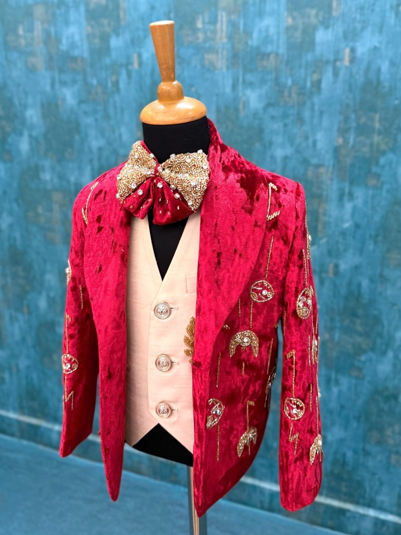 Grand Monarch Ruby Velvet Luxury Prince Blazer Set with Heritage Gold Embroidery & Designer Bow