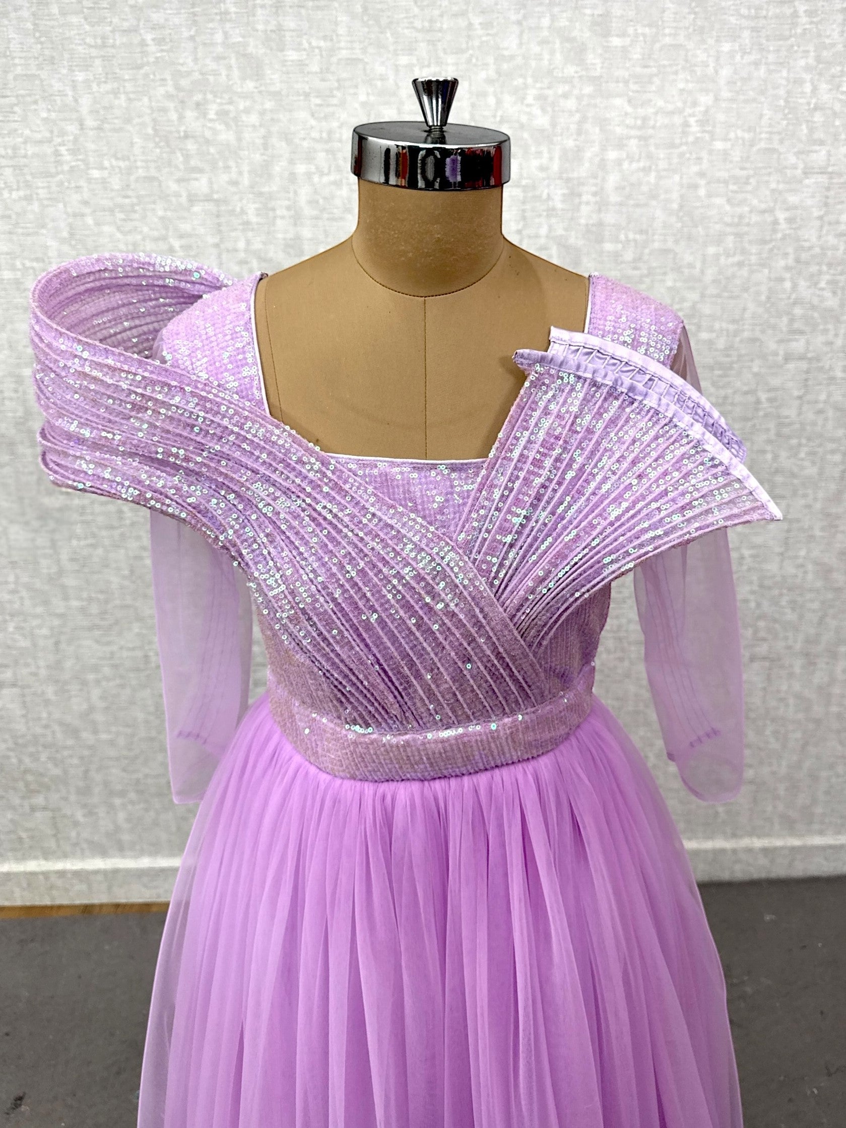 Lavender Structured top tulle gown with transparent  sleeves