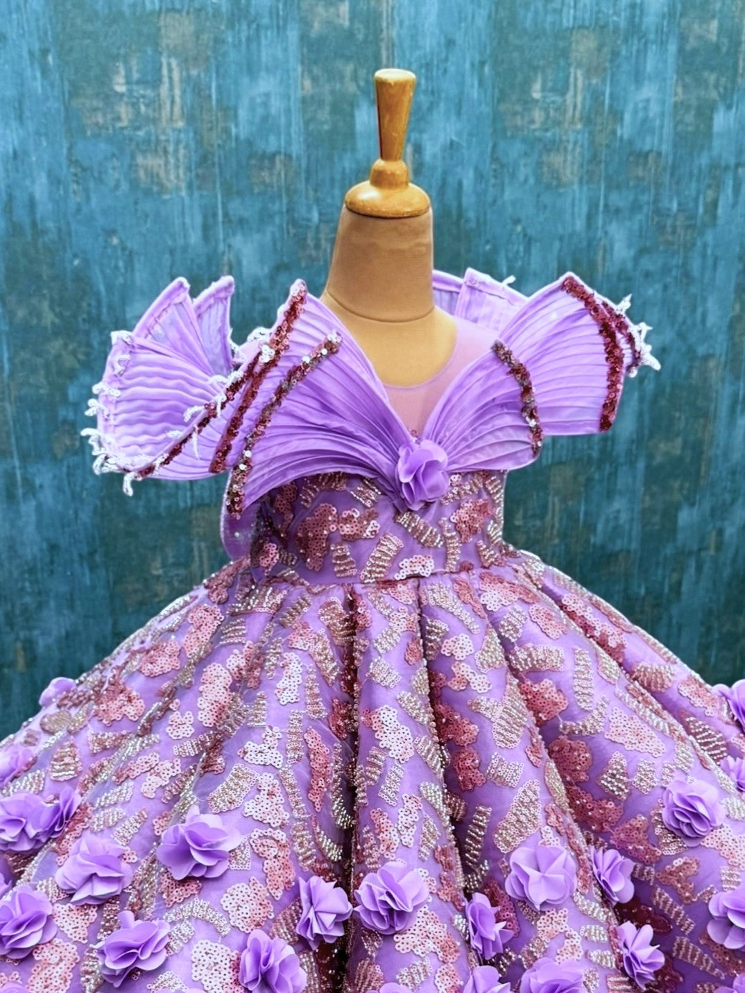 Lavender and Pink Structure Panel Ball Gown With 3D Flowers