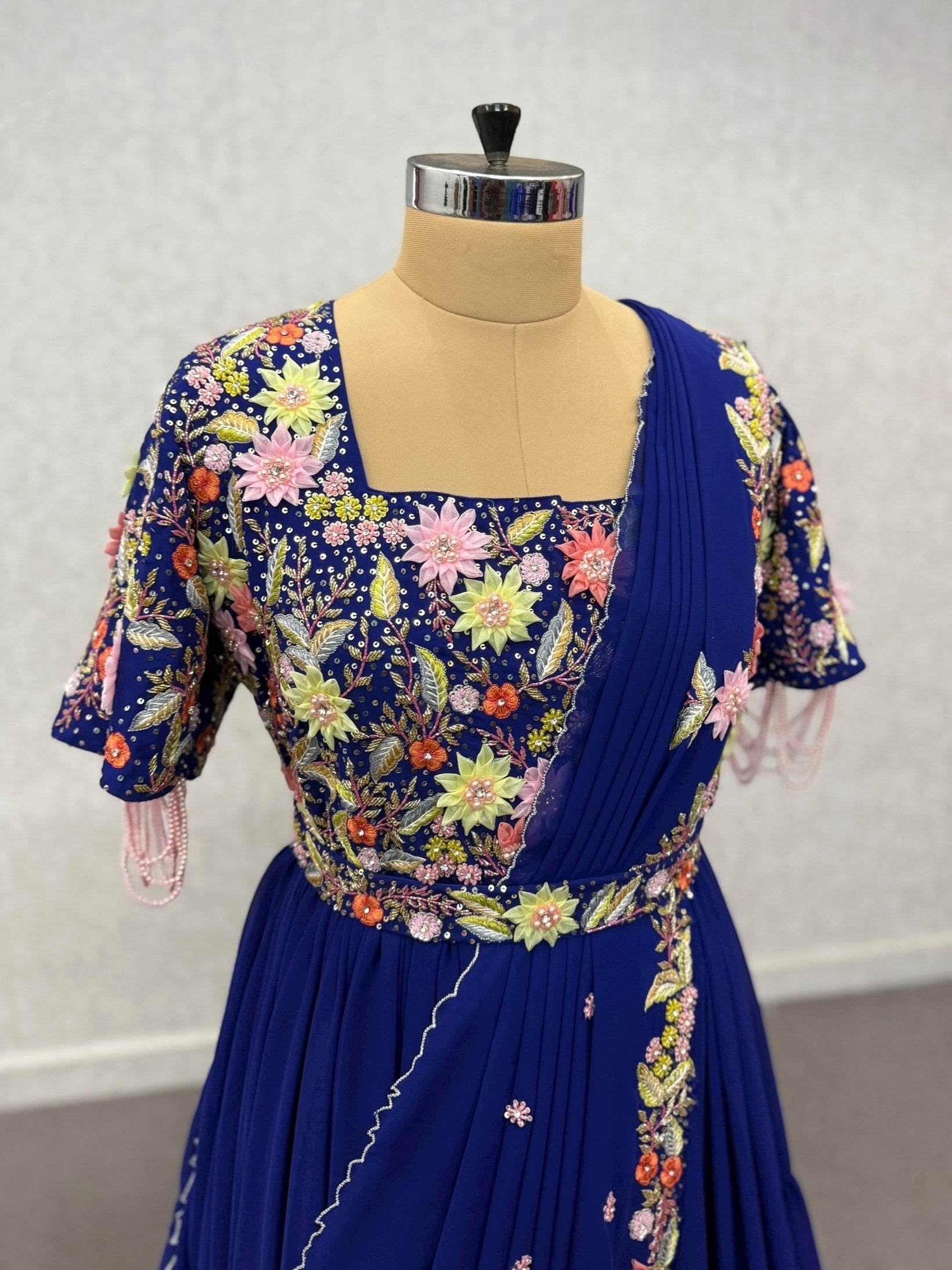 Multi Colour Floral 3D Embroidered Saree Gown With attached Duppatta and Waist Belt