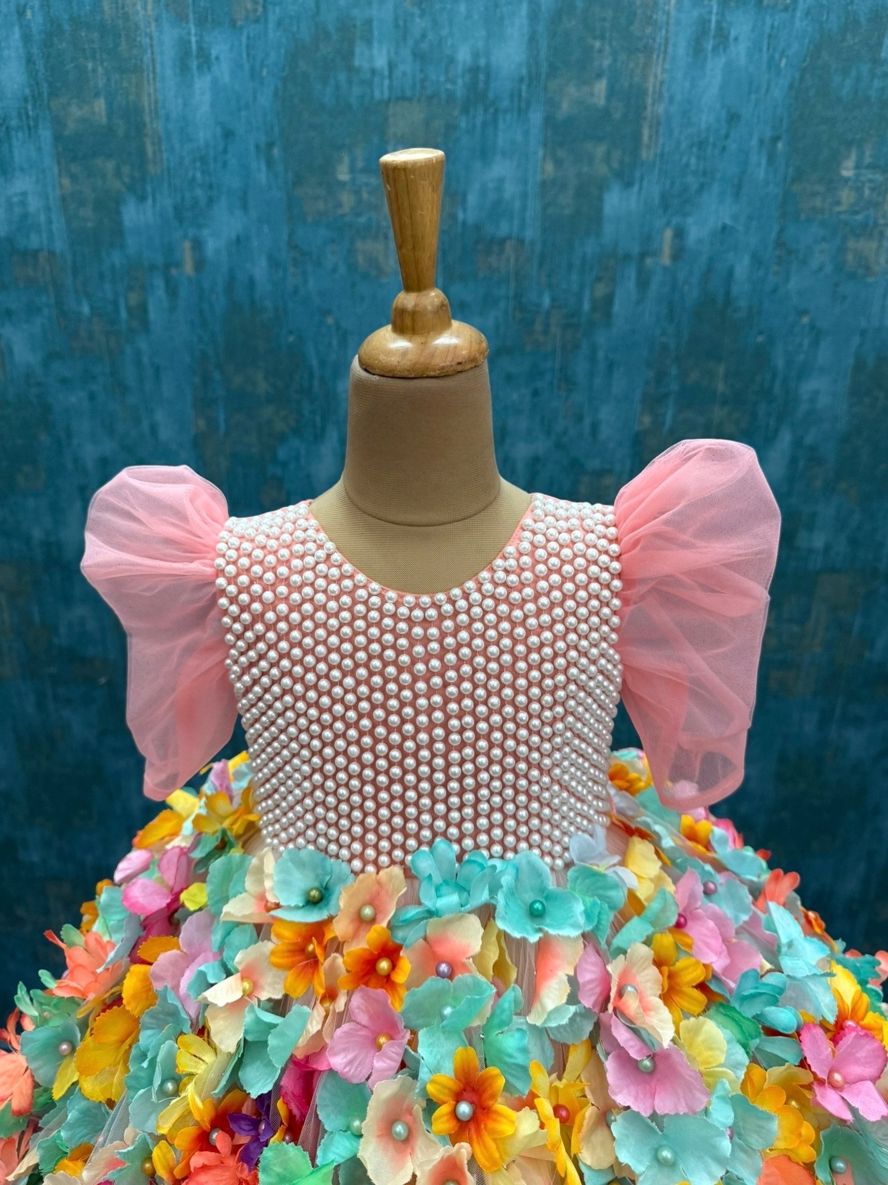 Multi colour 3D Floral Ball gown with Hand embroidered Pearl Work