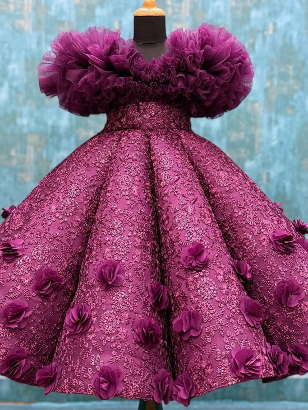 Wine Structure Panel Off Shoulder Gown With 3D Flowers