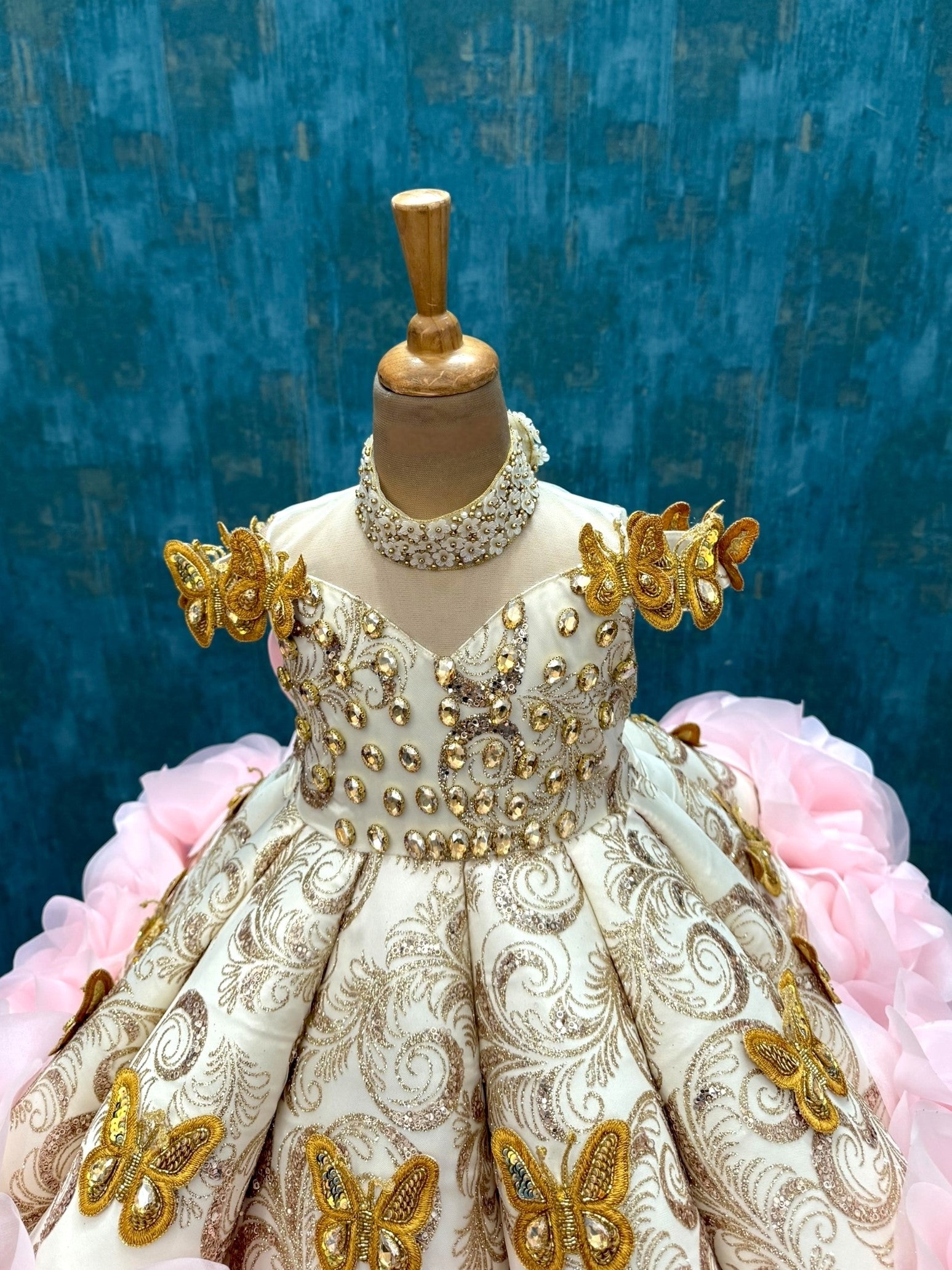 Dreamy Golden Rosette Majesty panel Gown with 3d butterfly