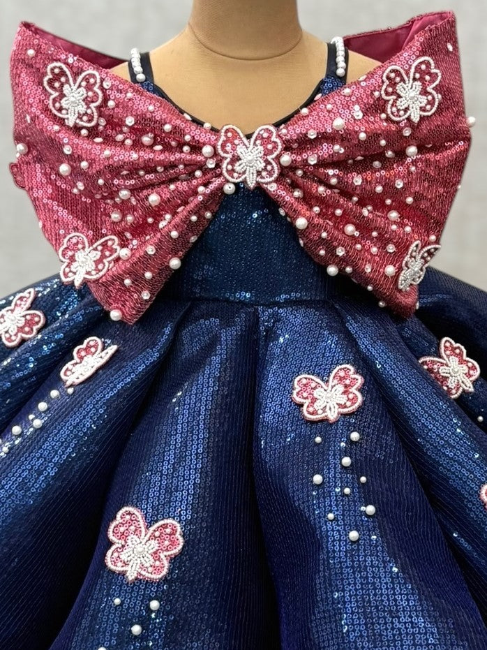 Blue and Plum Ruffle Panel Gown Embossing Bow Top