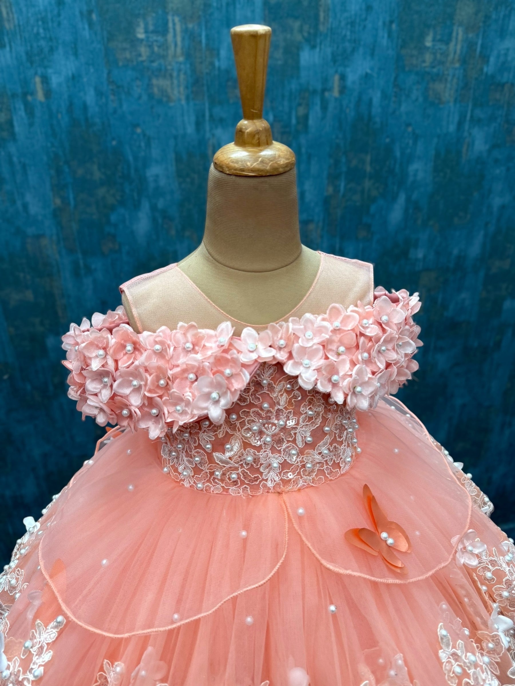 Dreamy peach Lace And Pearl Ball Gown