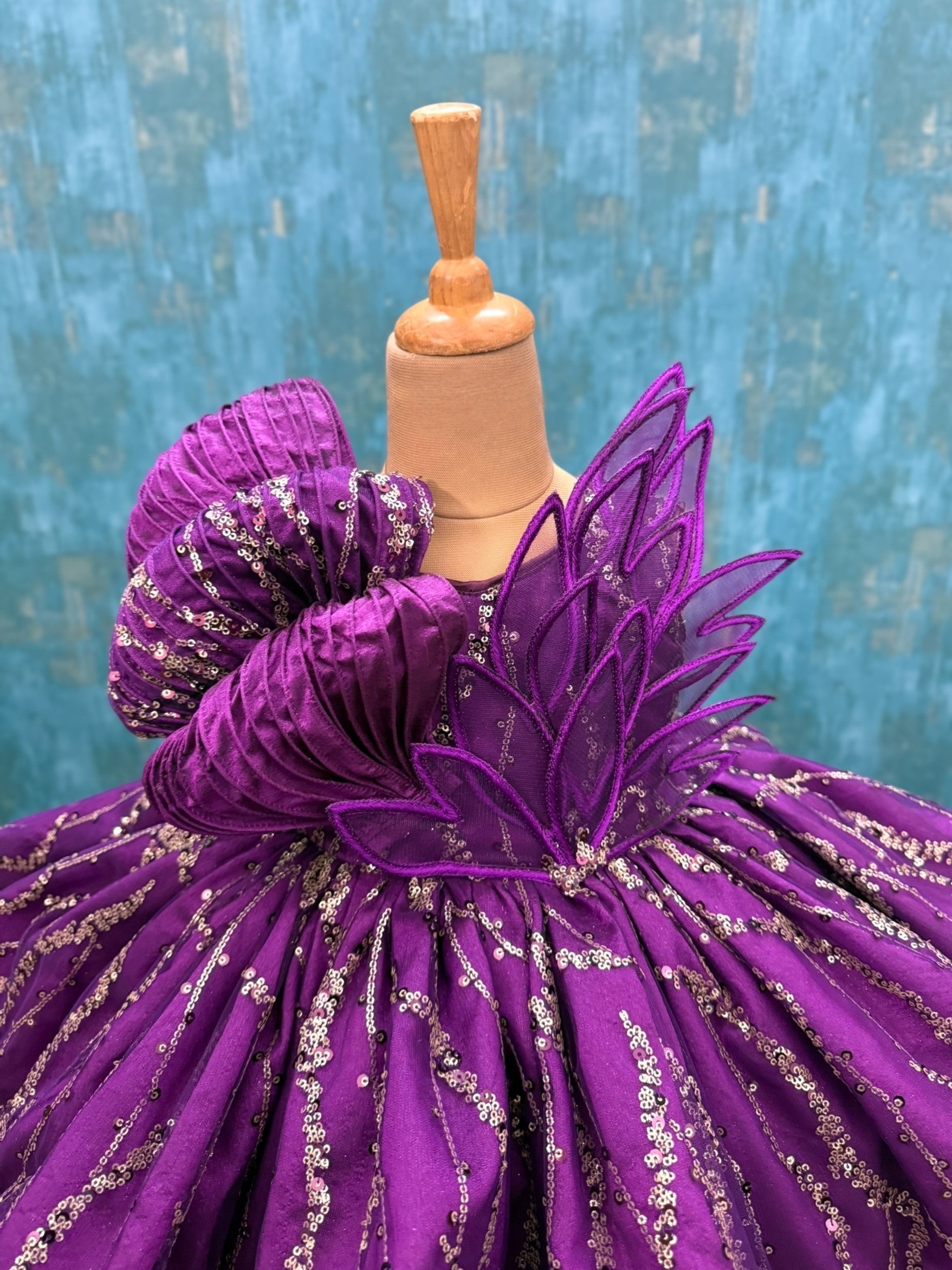 Royal purple Mini Gown with embossing bow top and petals