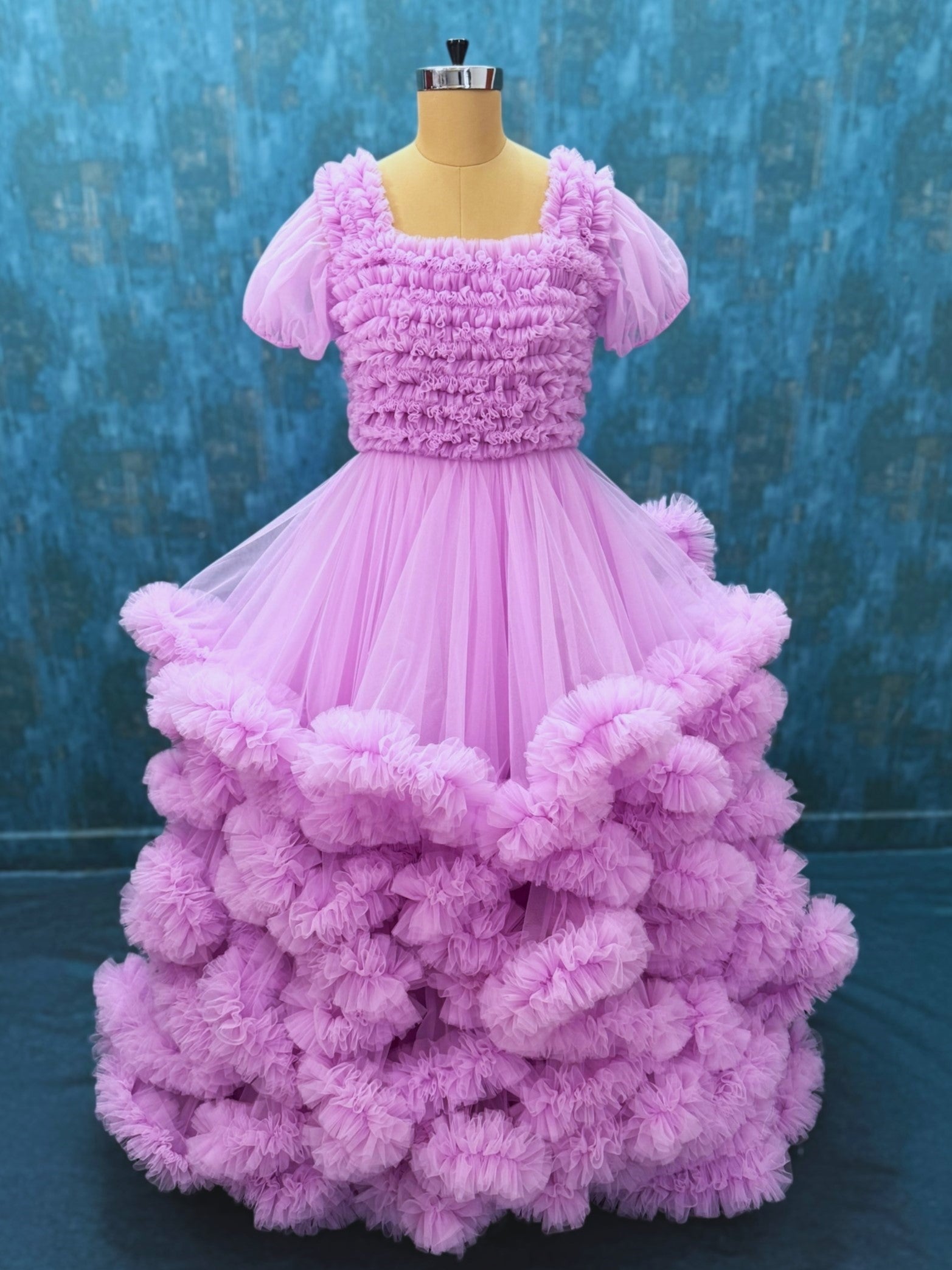Lilac Ruffle Ball gown with Puffed Sleeves