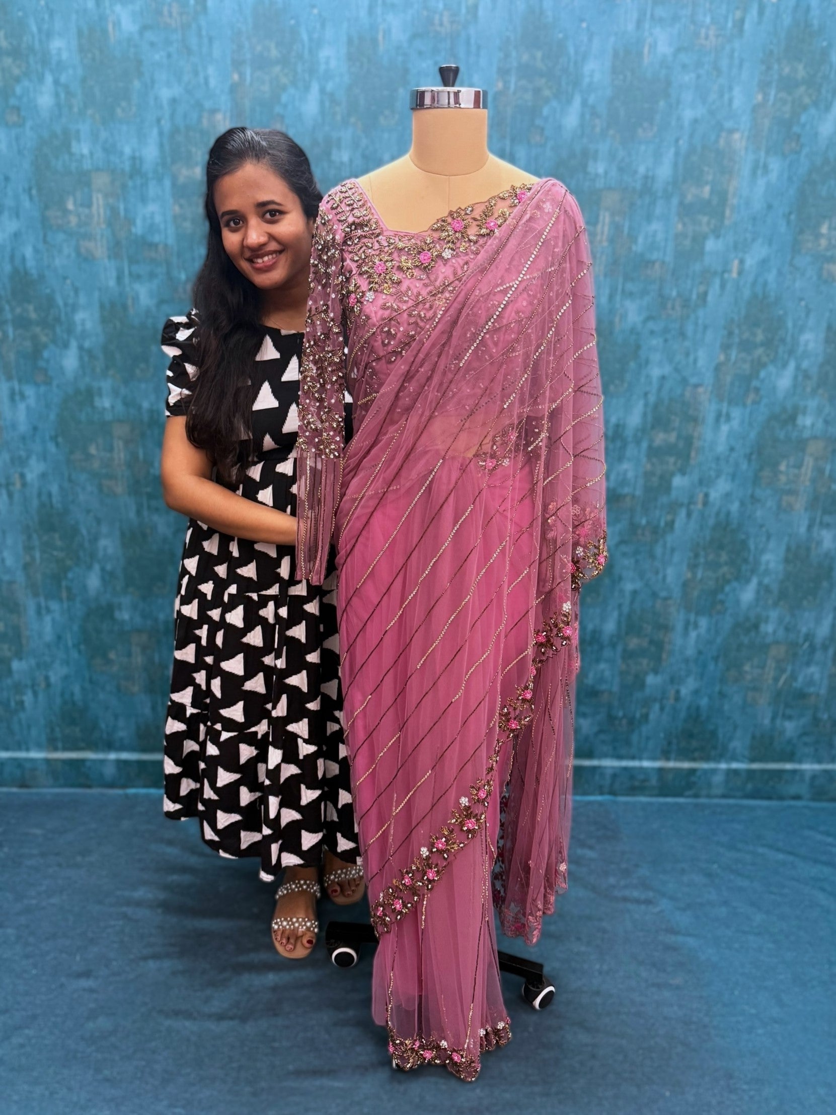 Plum pink Hand work Saree with Stitched blouse