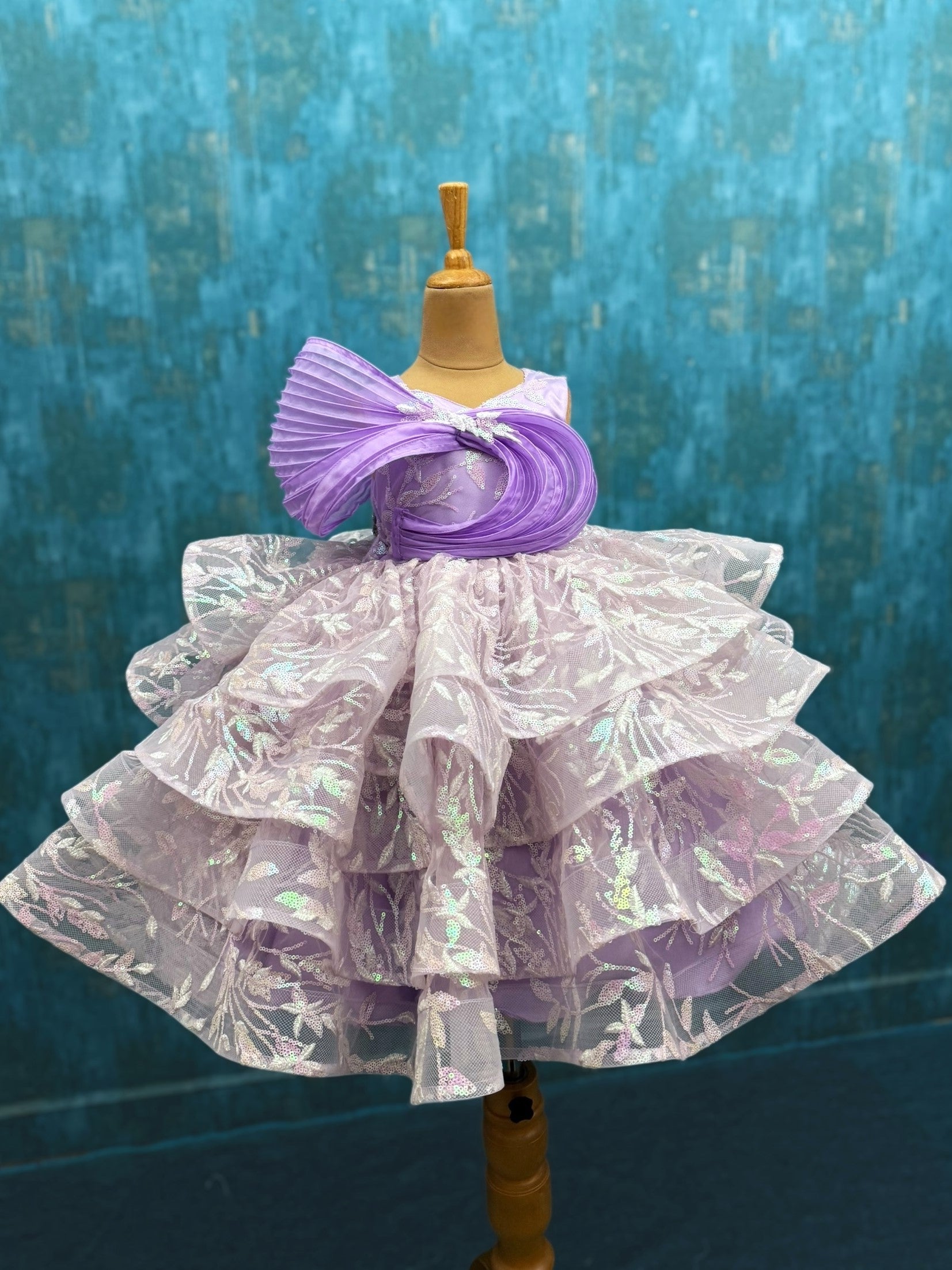 lavender Orchid Ruffle layer Dress with organza swirl top