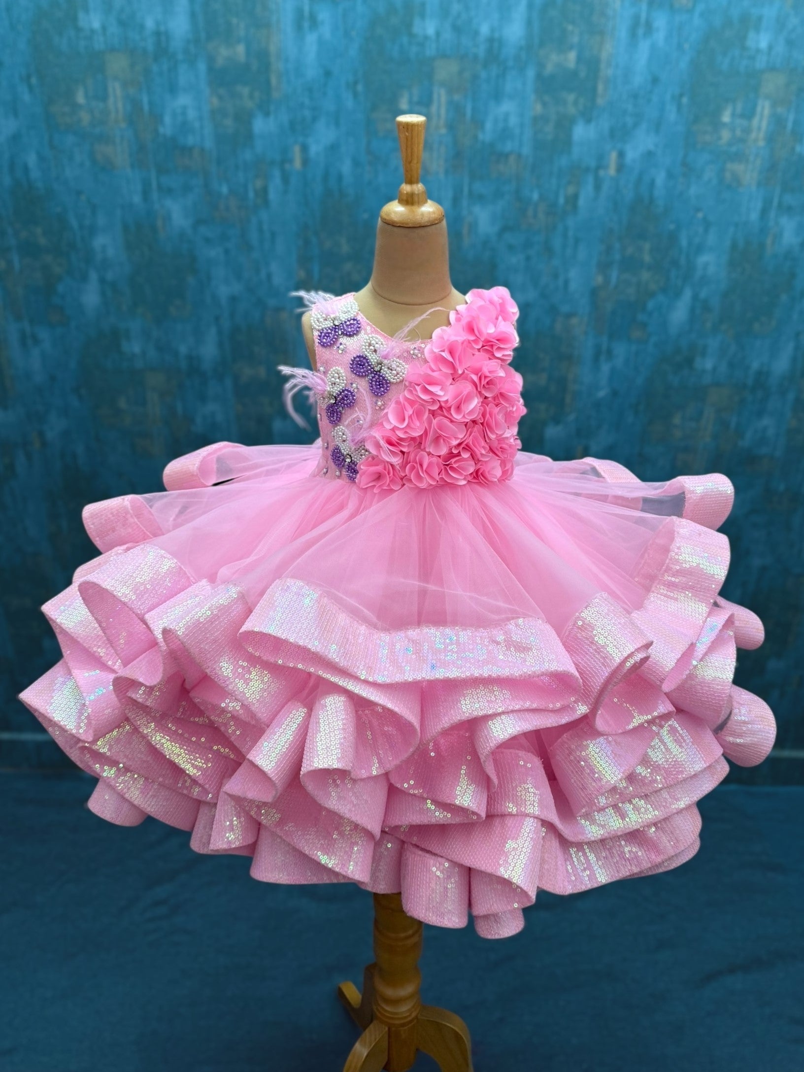 pink Butterfly sequence ruffle ball Gown with embossing flowers
