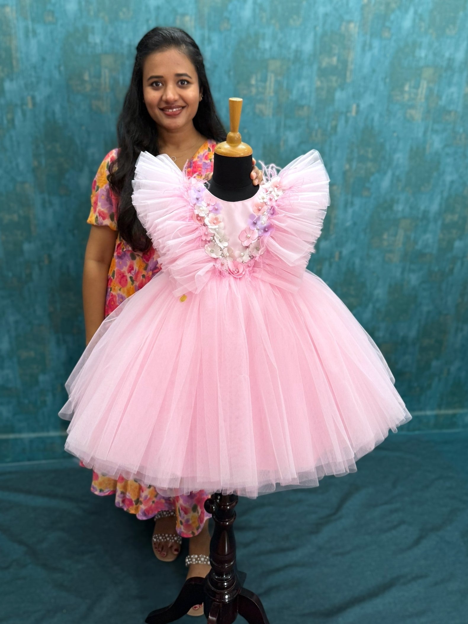 Soft Bloom pink floral gown with ruffle bodice sleeves