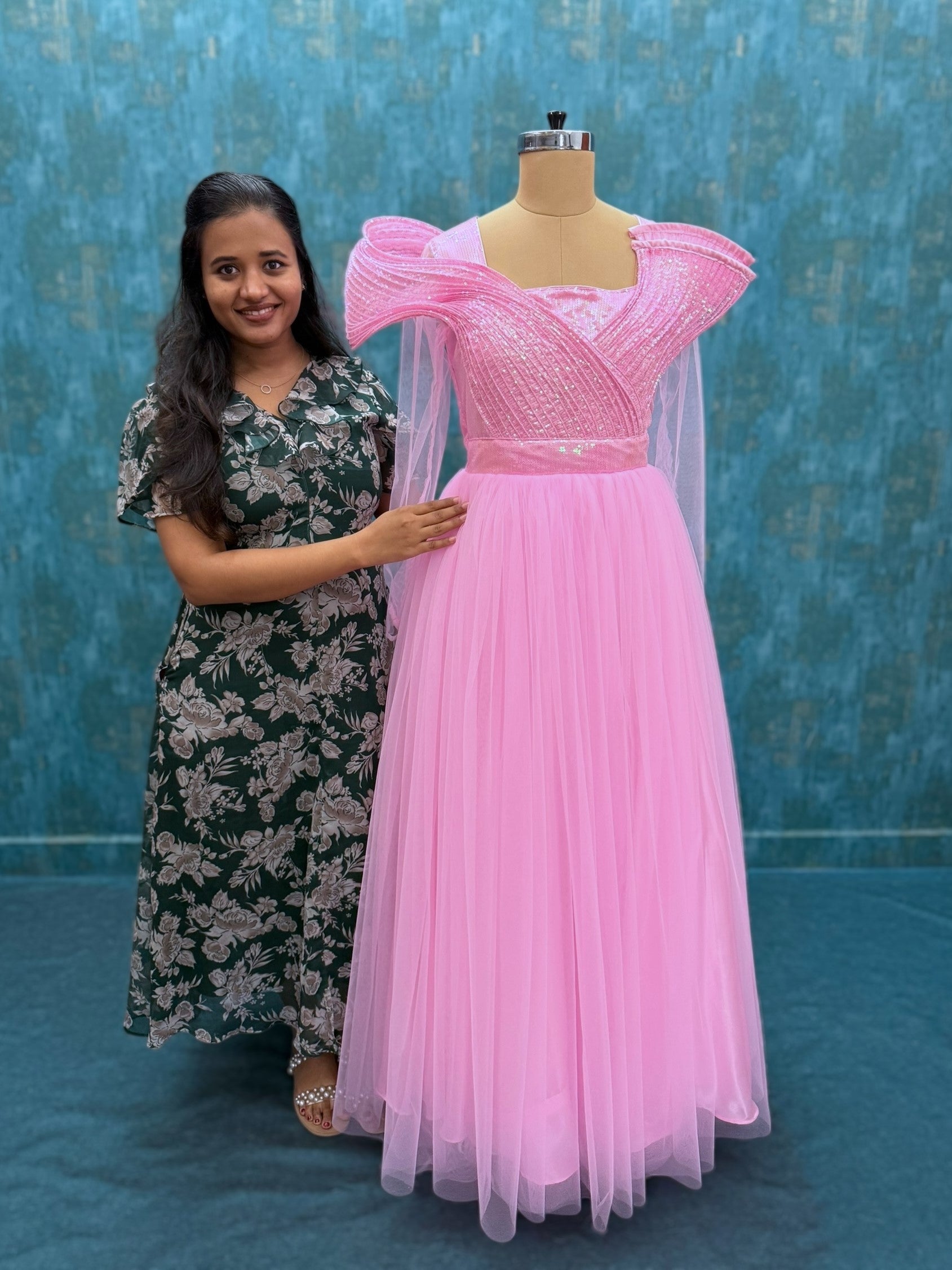 Pink Structured top tulle gown with transparent  sleeves