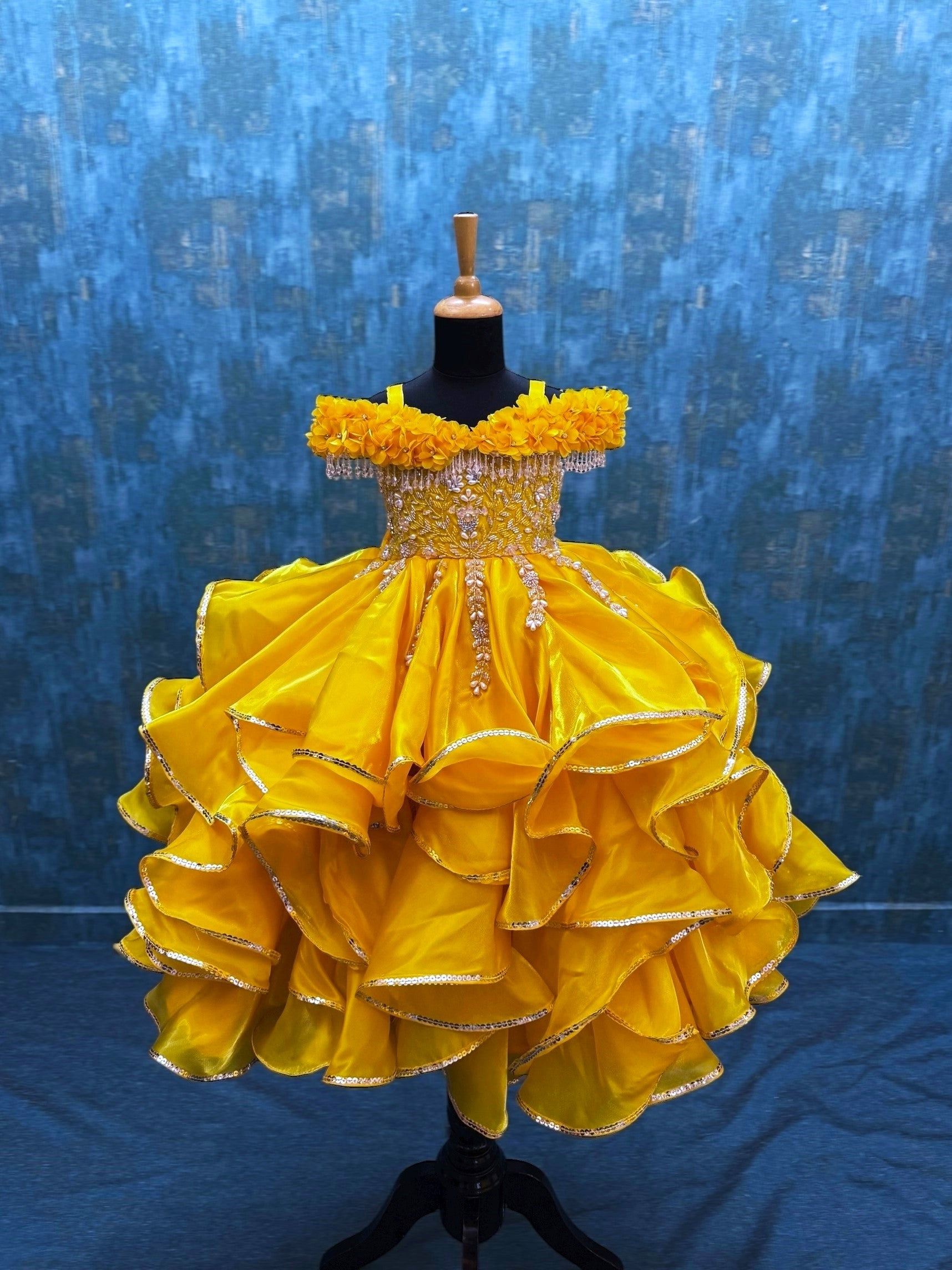 golden yellow Layer Jimmychu Sequence Ball Gown with intricate hand work