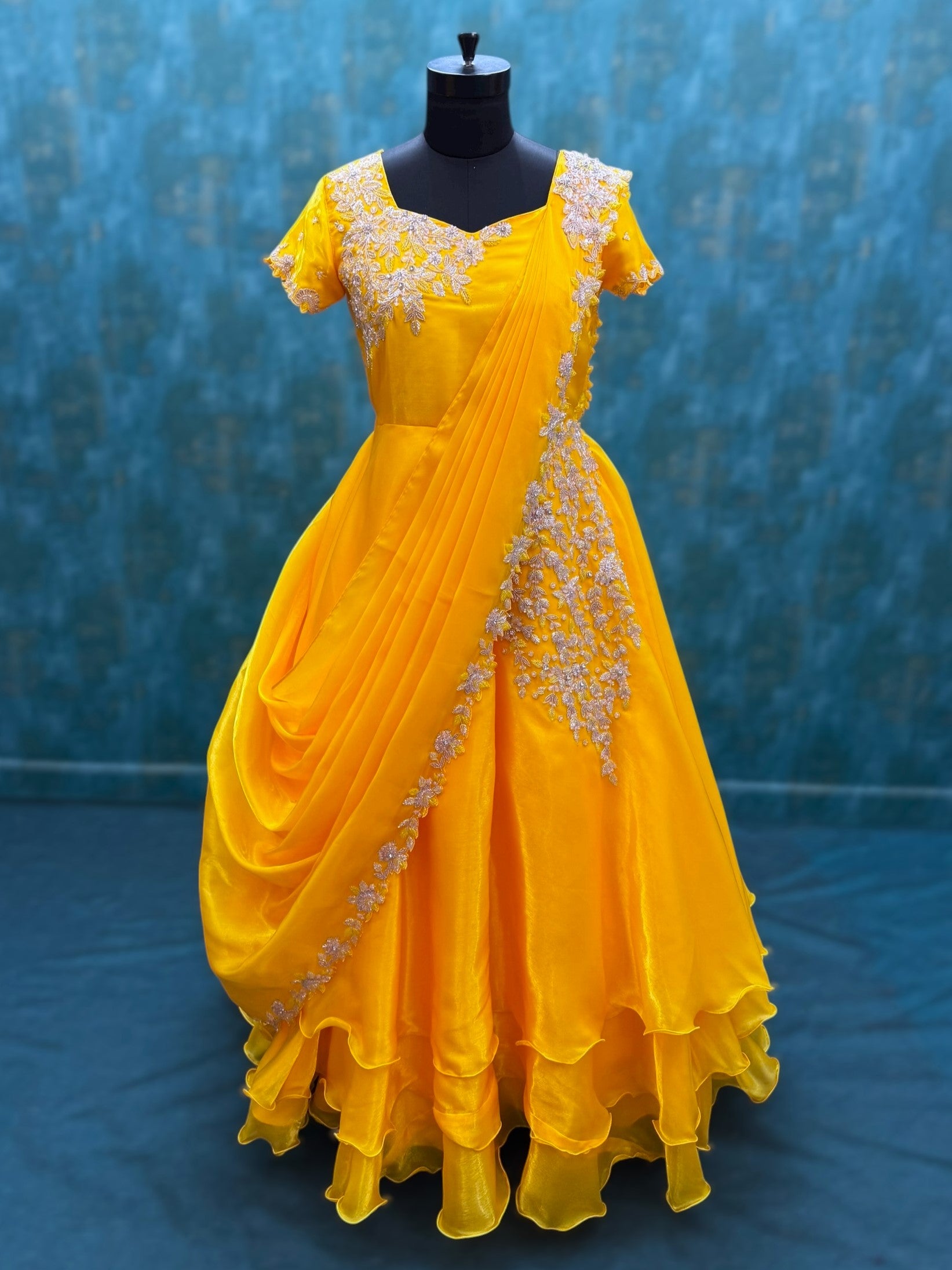 Yellow Crystal Embroidered Layer saree gown with Graphed Dupatta