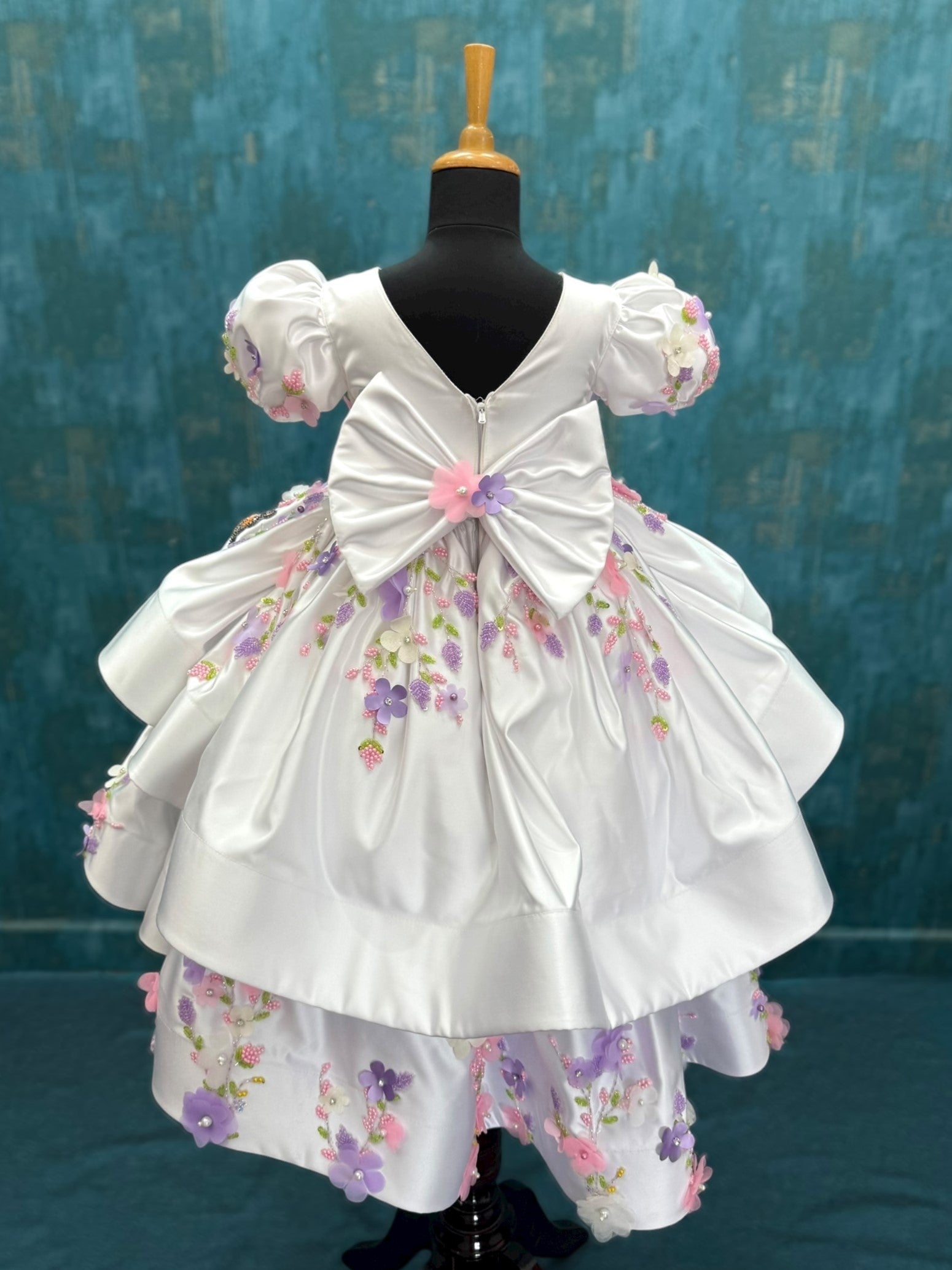 white Floral Fantasy high low layer gown with intricate embroidery