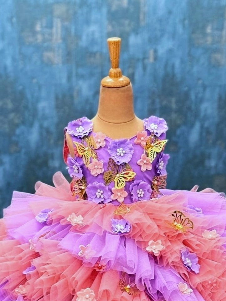 peach and lavender ruffle floral ball gown with attached trail
