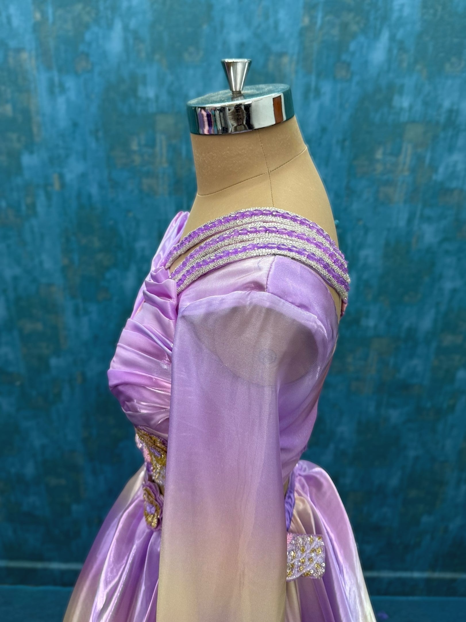 Draped hand embroidered lehenga with flowing sleeves