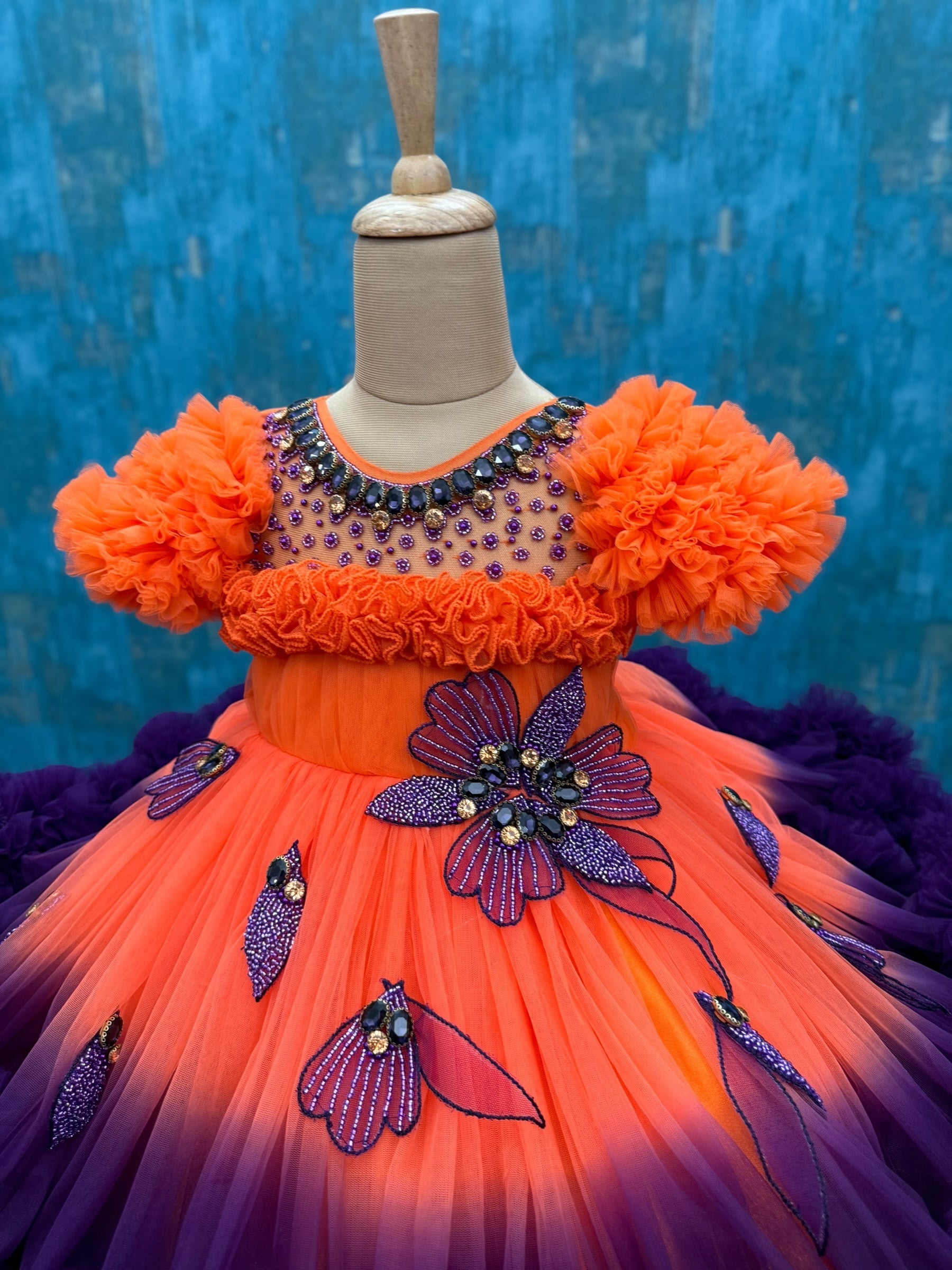 Orange- Purple shaded couture gown with hand crafted flowers